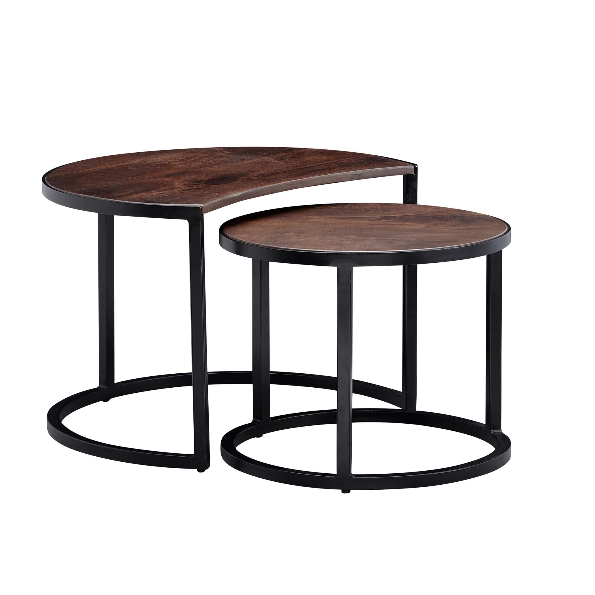 FineBuy Tavolino Set di 2 Mango Massello Rotondo Nero, Tavolini Impilabili | tavolini in stile industriale con struttura in metallo, tavolini da soggiorno in vero legno, pezzi unici fatti a mano