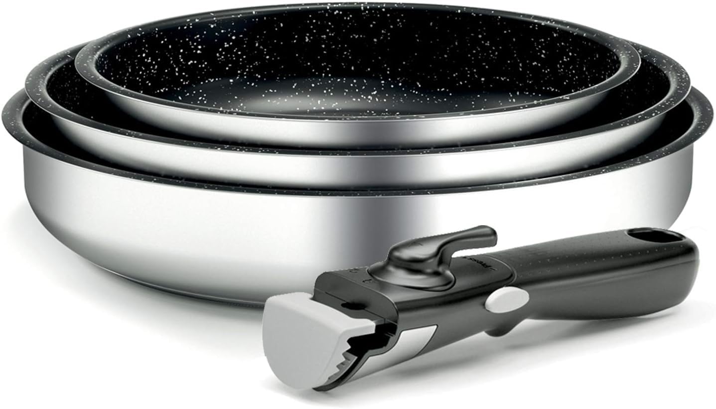 Backen 199906, batterie de cuisine 6 pieces, 3 poeles avec Revêtement antiadhésif, 2 Casseroles, 1 poignée amovible, Inox, Induction, Compatible lave-vaisselle, Garantie 5 ans.