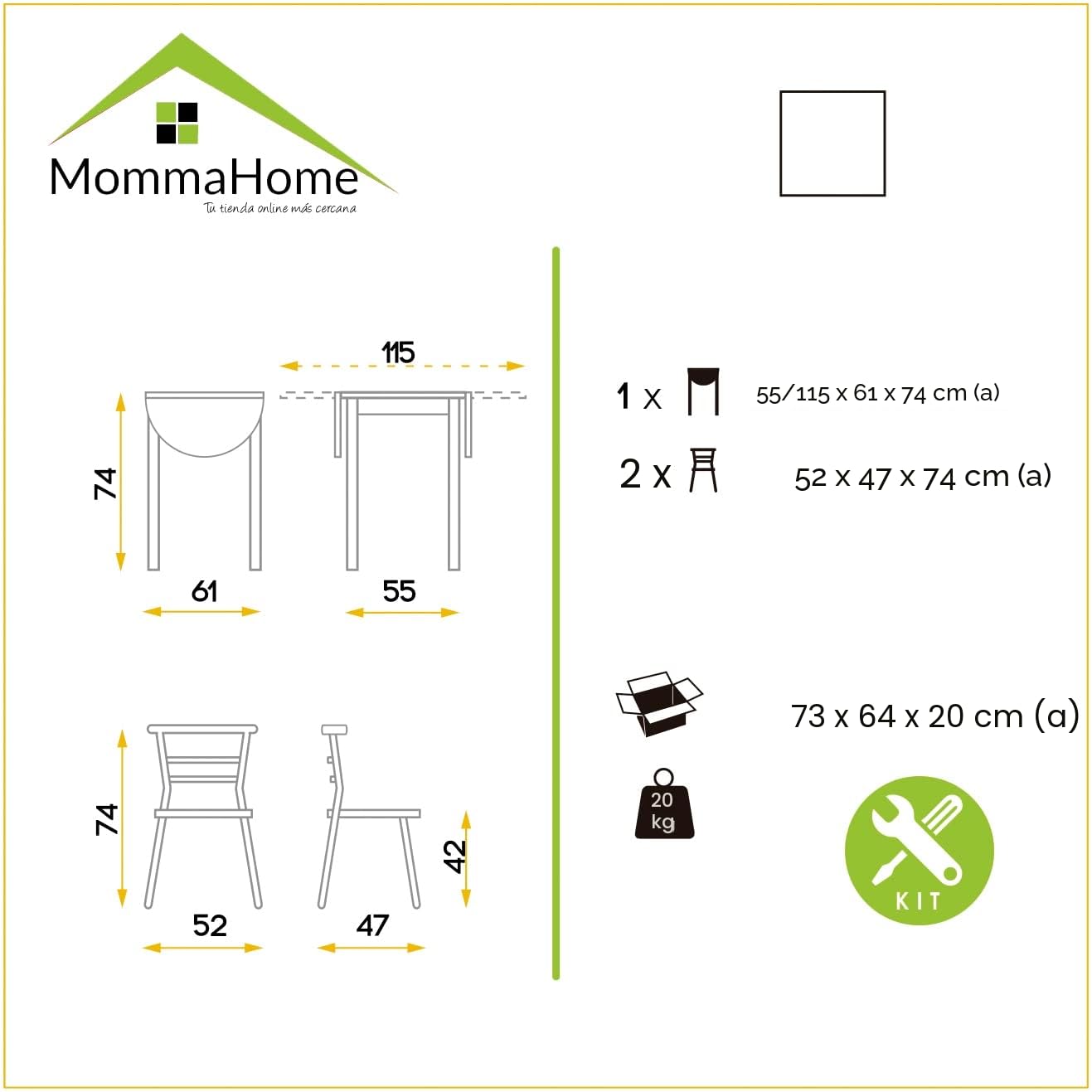 MOMMA HOME Tavolo da Cucina Allungabile e Set di 2 Sedie Modello Leva, Colore Bianco