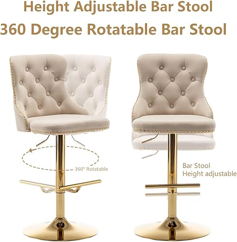 Miniatura 6 de Riknuxi Juego de 2 taburetes de bar de terciopelo, taburetes de bar de altura de mostrador con borde de botón y cabezas de clavos, taburetes de bar