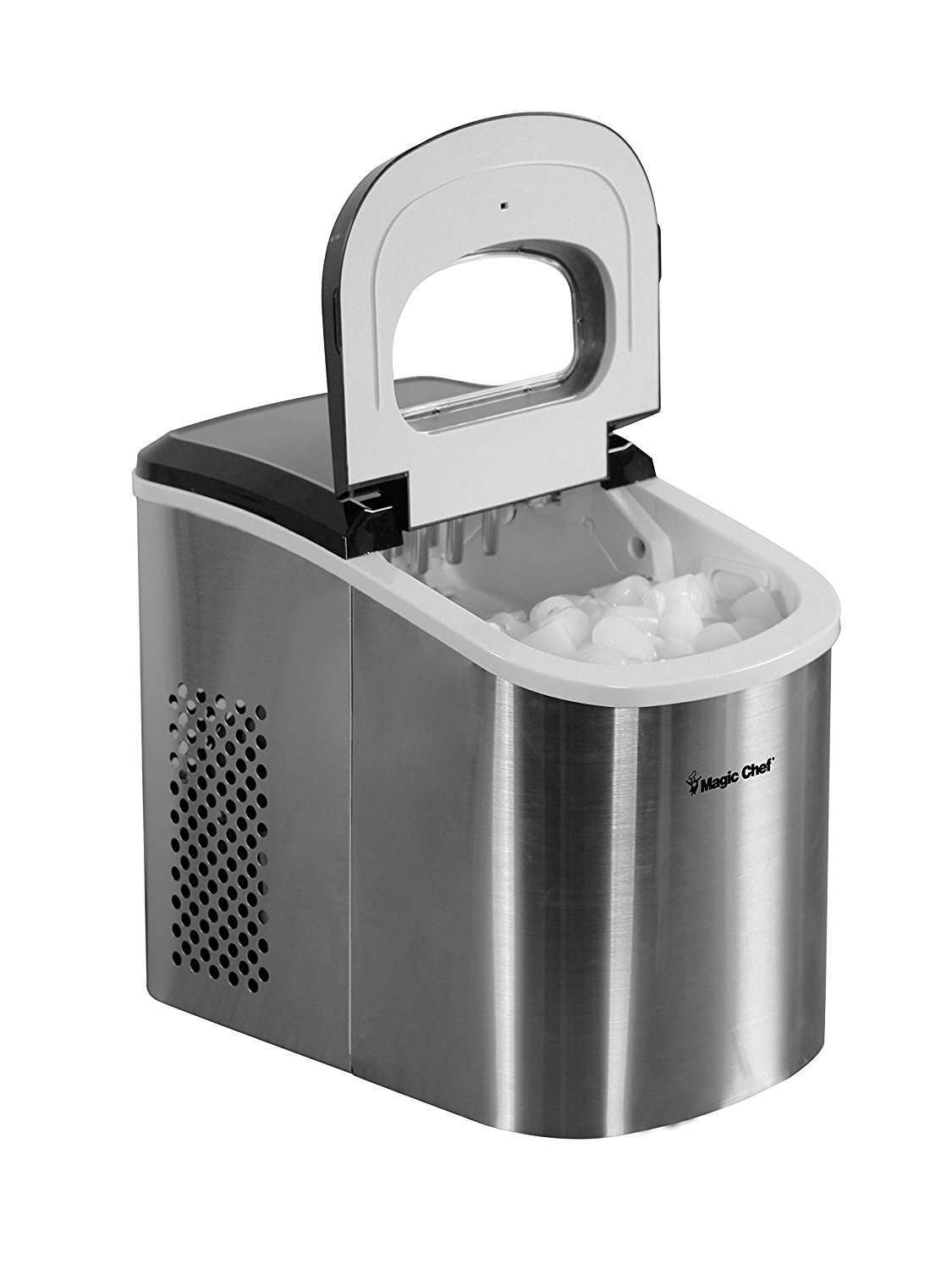Magic Chef Countertop Ice Maker with lid open and handle up