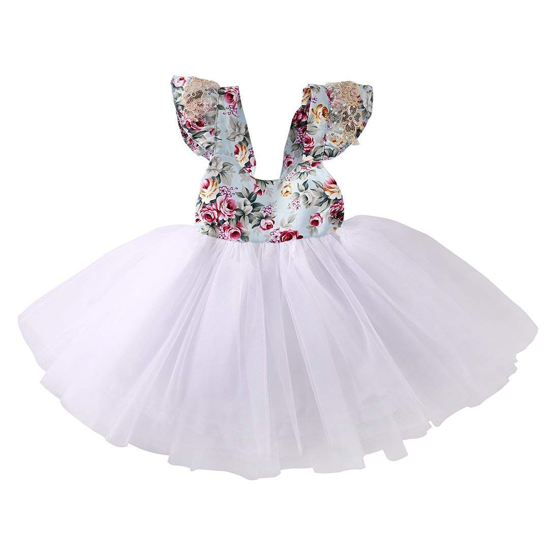 Newborn Toddler Baby Girls Floral Dress Party Ball Gown Lace, White, Size 3-4T