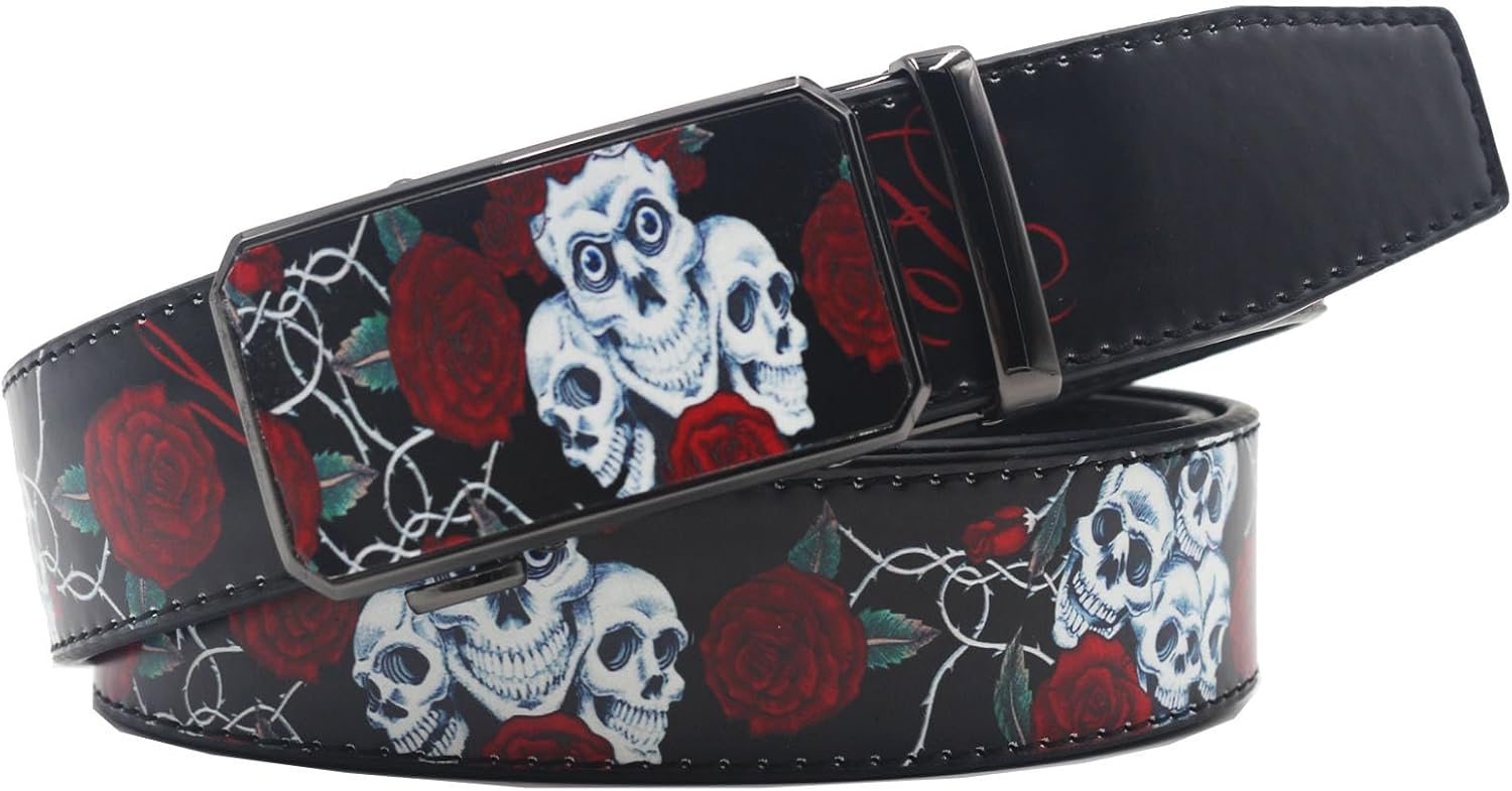 Vintage Rose Floral Skull Print Automatic Buckle Belt | Stylish Leather Waist Strap Graffiti Design for Versatile Fashion(110cm/43, Red)