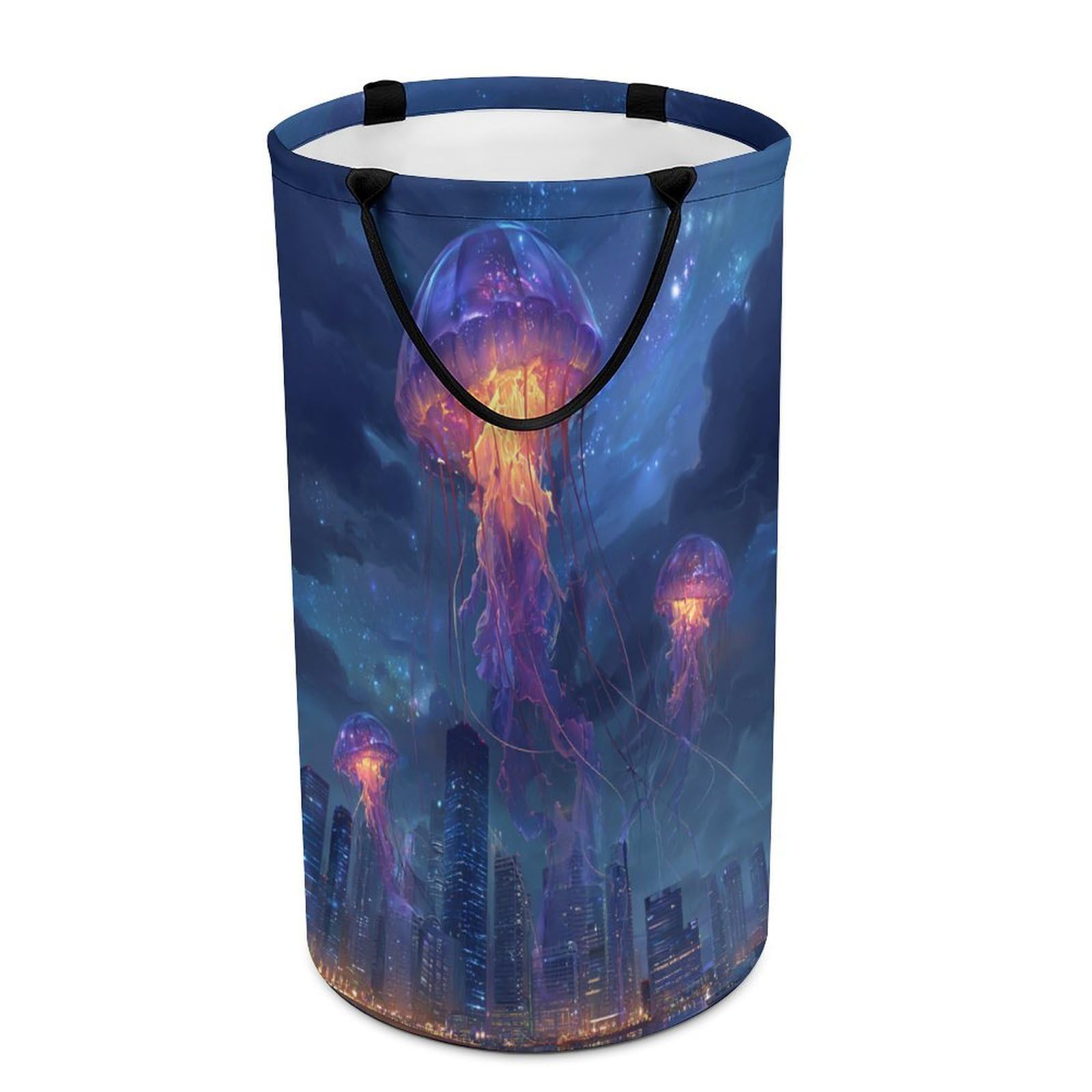 LUYYSKY Beautiful Classic Animal Jellyfish Collapsible Dirty Clothes Basket, Fantasy Abstract Galaxy Ocean Life Jellyfish Cityscape Portable Clothes Storage Laundry Basket-40 CM Dia, 69 CM High