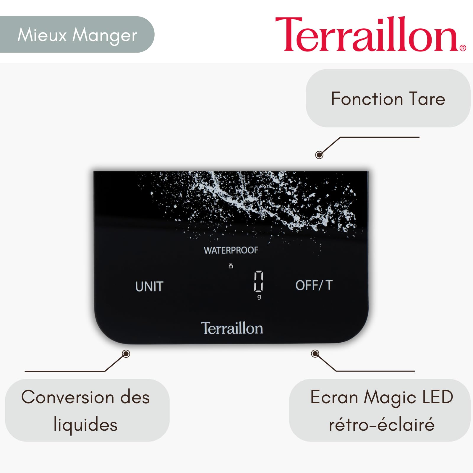 TERRAILLON - AQUA RESIST - Bilancia da cucina elettronica, impermeabile IP67, schermo magico LED retroilluminato, capacità 8 kg, gradazione 1 g, senza batterie, ricarica USB-C, nero