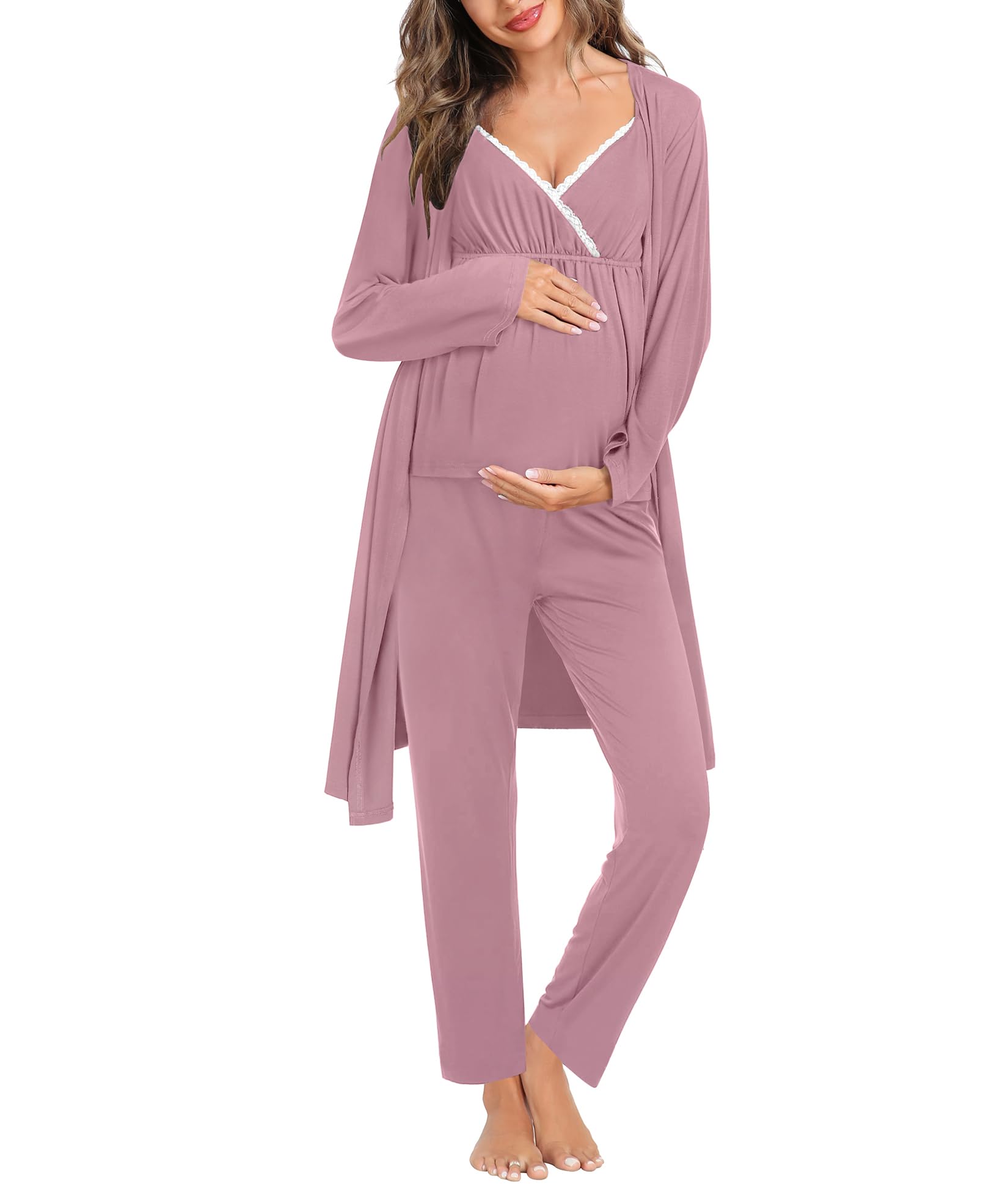 SWOMOGMaternity Nursing Robe Set 3 Piece Breastfeeding Pajamas 3 in 1 Labor Delivery Sleevless Tops&Long Pants Pregnancy Pjs