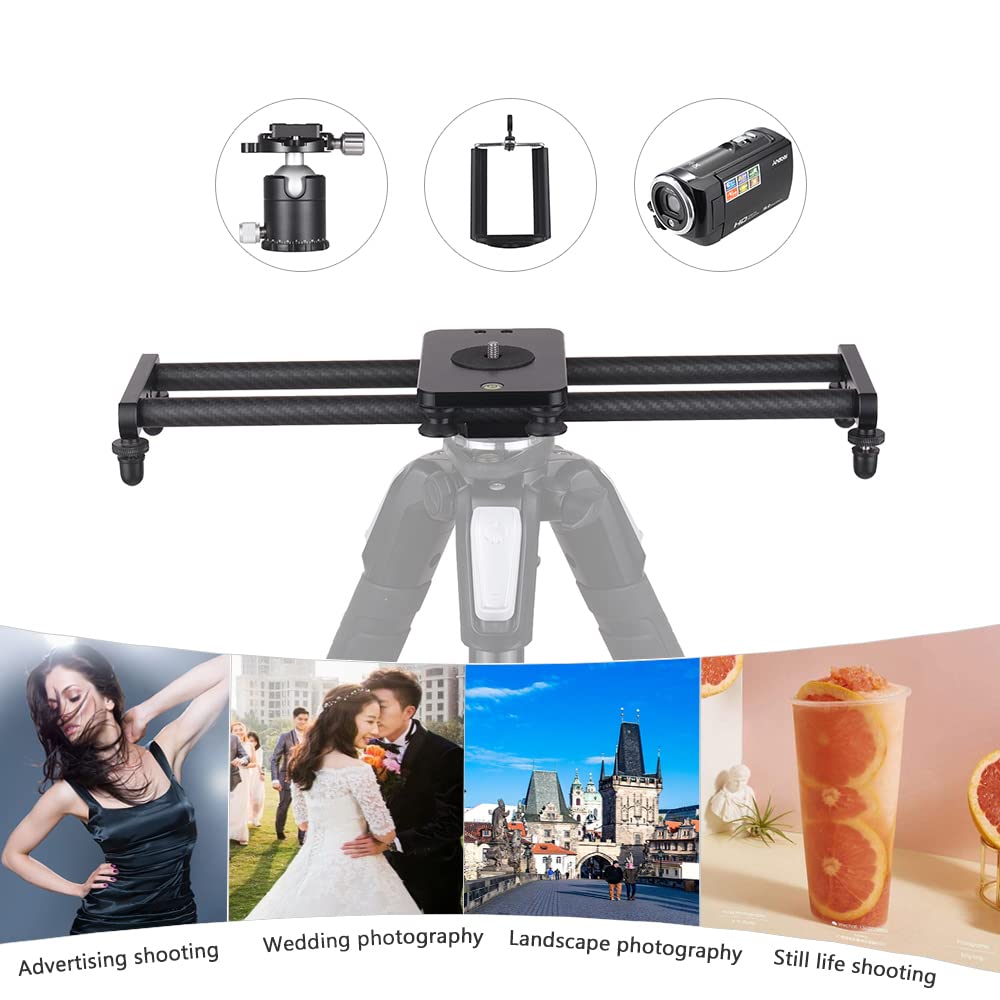 Andoer 40cm / 15inch Kohlefaserkamera Track Slider Video Stabilisator Schiene mit Mini-Kugelkopf-Telefonklemme für DSLR-Kamera Camcorder DV Film Fotografie Zubehör Belastbarkeit 5kg
