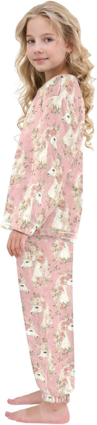 Rose Unicorn Pink Plush Pajama Sets Soft Flannel Fleece Sleepwear