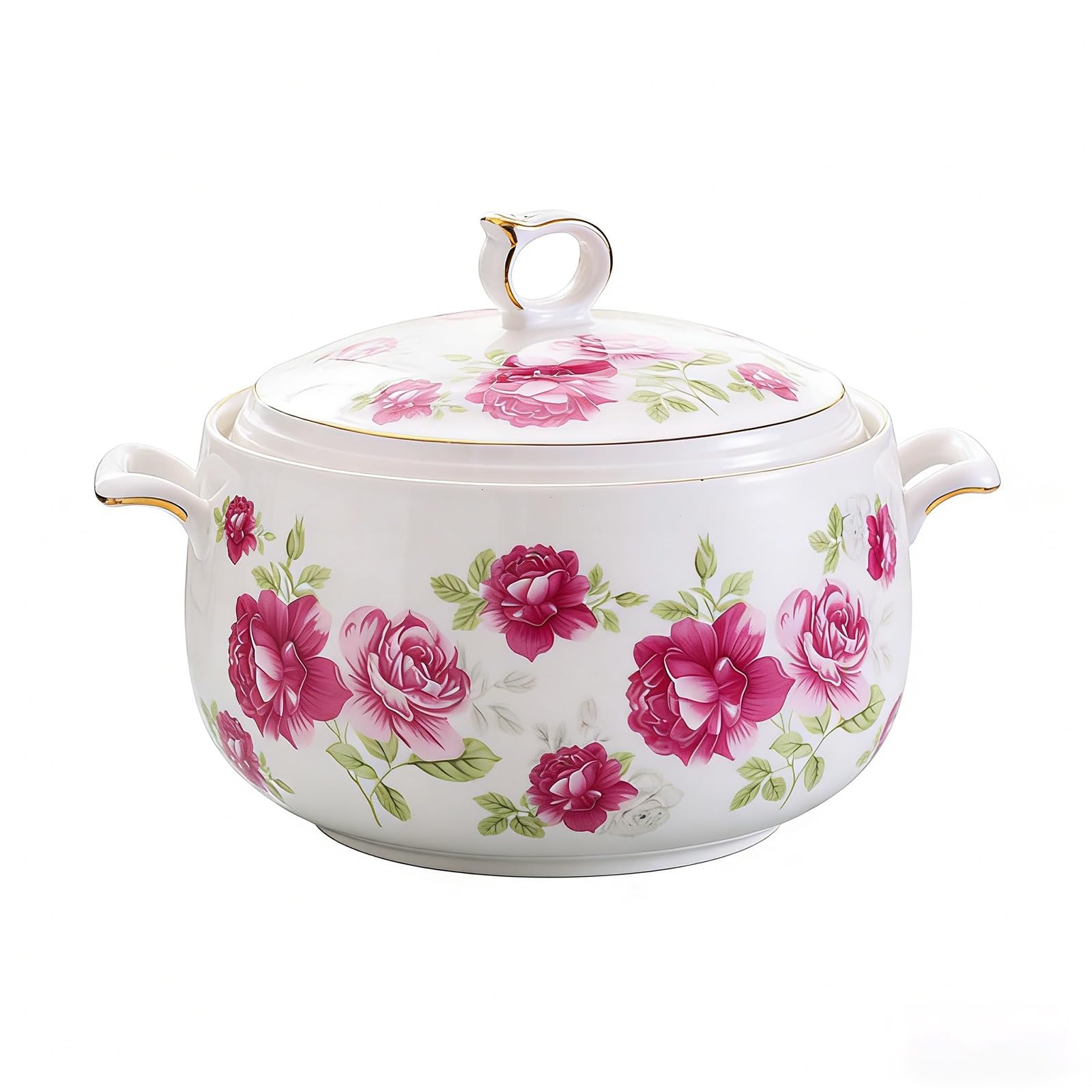 Keramik-Suppenterrine mit Glasdeckel, Porzellan-Serviersuppenschüssel mit großem Fassungsvermögen, weißer runder Instant-Nudeltopf for die Dekoration zu Hause in der Küche(Pink,3L)