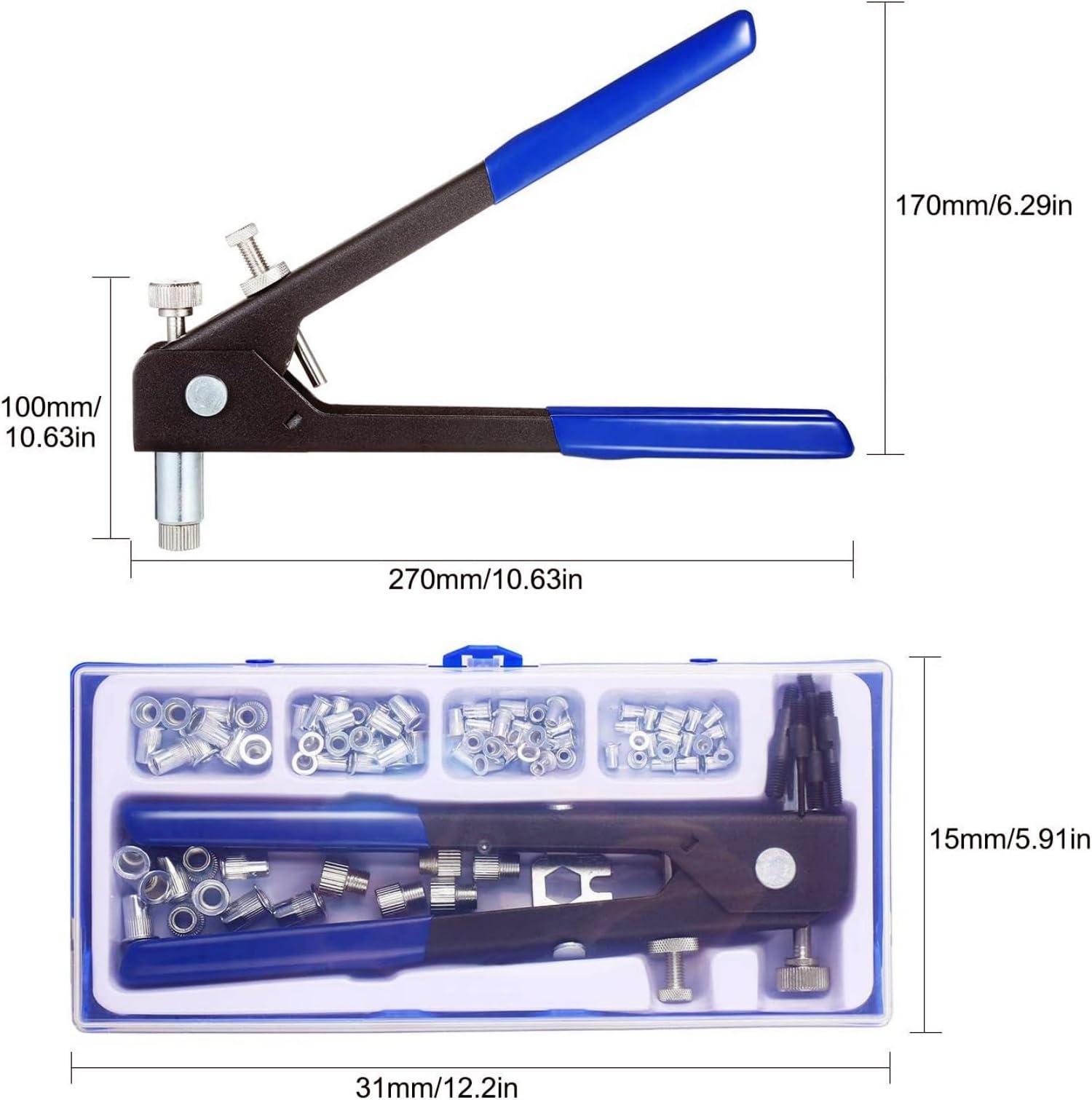 86 Pcs Heavy Blind Rivet Nut Tool Kit Hand Riveter Wrench Threaded Insert Rivnut Nutsert with M3 M4 M5 M6 M8 for Furniture,Decoration,Car,Trailer,Boat