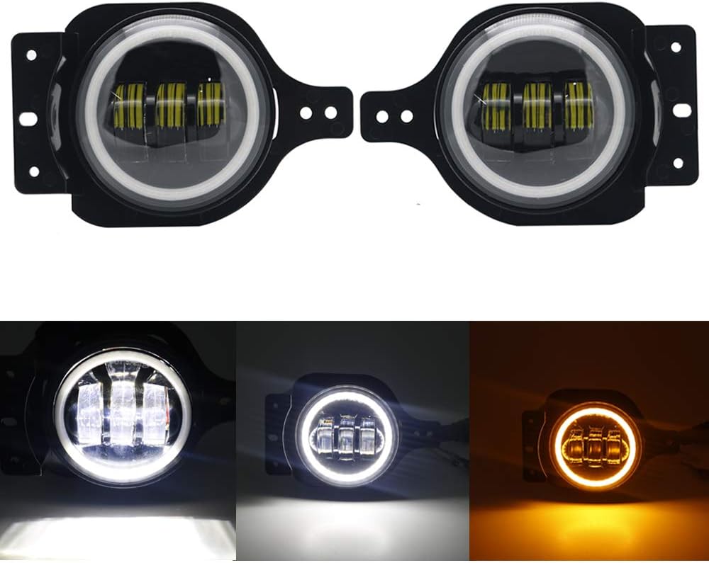 SOYAVISIONNewest 4" Round LED Fog Light Fog Lamps Halo DRL for Jeep Wrangler JL 2018 2019 Upgraded White Daytime Running Light & Amber Turn Signal Light
