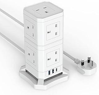 Extension Lead Tower 10 Way, Extension Plug with 2 USB-A Slots & 1 PD 30W USB-C Slot, Detachable Stackable 2M Power Strip Tower 2500W/10A, EURPMASK Extension Socket for Home Office School - White