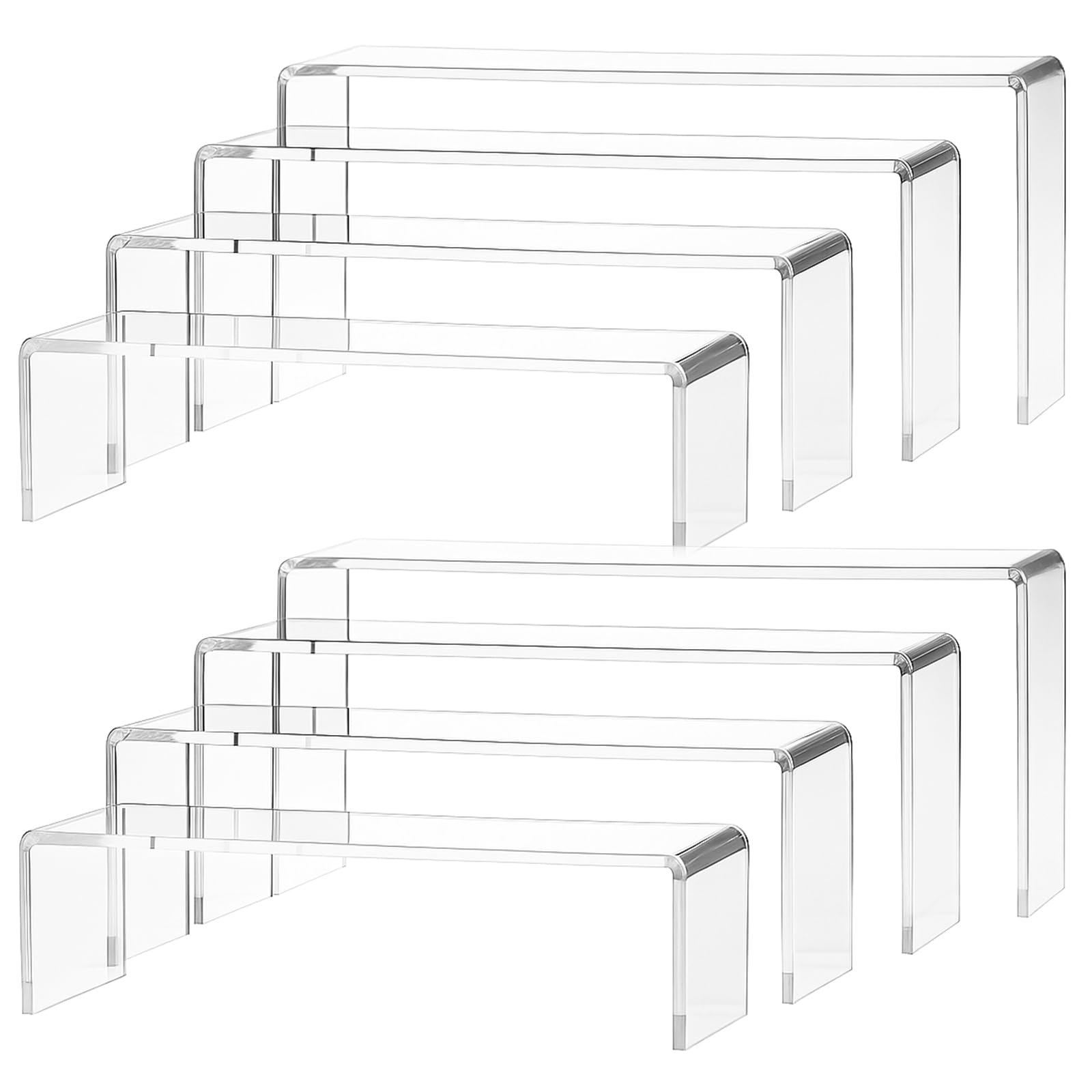 M.J COMFY-LIFE 12Pcs Acrylic Risers - Clear Rectangular Tiered Display Stands for Funko Pop, Jewelry, Cupcakes, Perfume & Collectibles - 4mm Thick U-Shaped Shelves (4 Sizes)