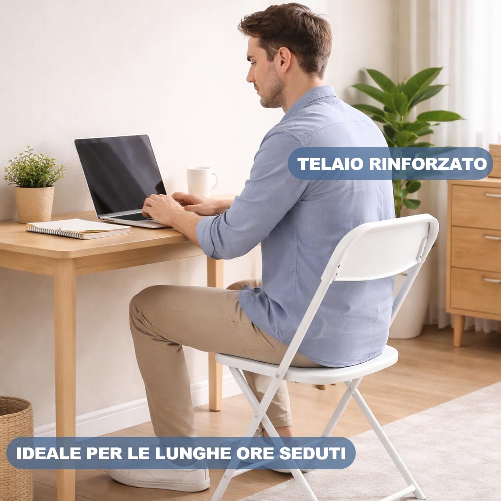 Shally Dogan Set 4 Sedie Pieghevoli Bianche con Struttura in Metallo e Seduta in Polipropilene Ergonomica, Sedia Multiuso Resistente da Esterno ed Interno, Ideale per Bar, Ristoranti, Casa, Giardino
