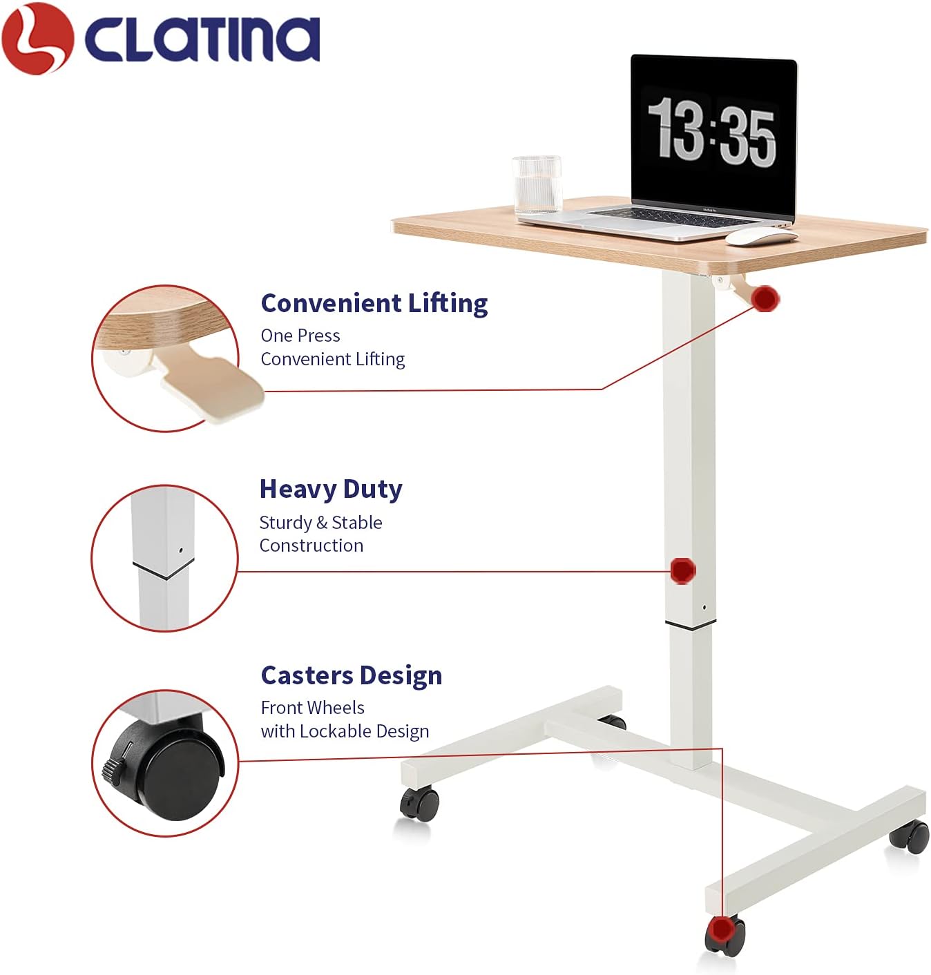 CLATINA Round Edge Design Elegant Mobile Laptop Desk Pneumatic Sit to Stand Table, Height Adjustable Rolling Cart with Lockable Wheels for Home Office Computer Workstation, 28" x 19" Beige