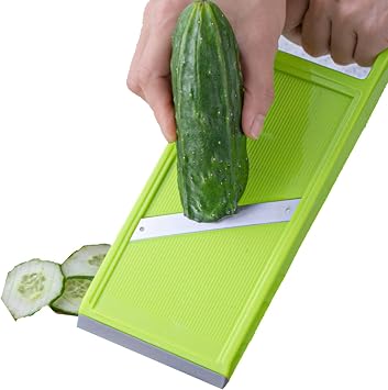 Handheld Potato Slicer & French Fry Cutter, Stainless Steel Manual Vegetable Slicer for Chips Homemade Fries Carrots Zucchini Easy Grip Green Slicer Chip Maker 4.25x10.8in