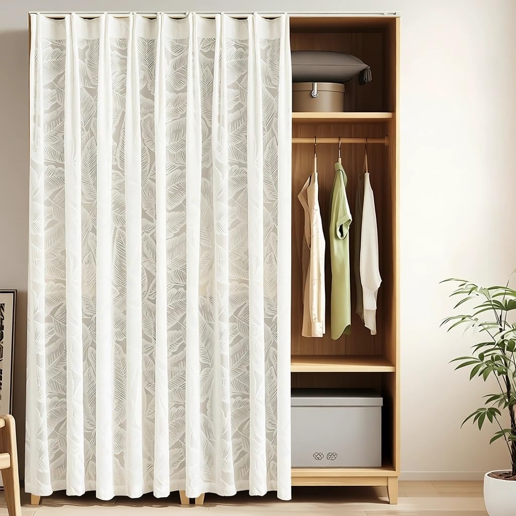 NEPHRA Rideau Placard Autocollant, Rideau sous Evier avec Rail Coulissant & sans Perçage, Rideau Cuisine en Gaze pour Armoires sans Portes, Machines à Laver & Penderies(White-D,200 x 200 cm)