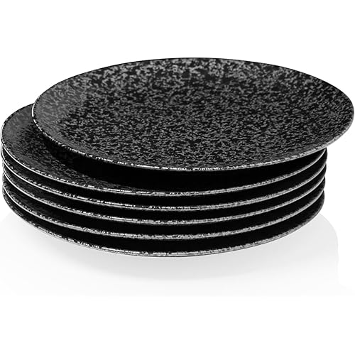 Kanwone Ceramic Dessert Salad Plates - Set of 6, 8 Inch, Kitchen Round Plates for Dessert, Salad, Snacks, Appetizers, Steak, Microwave, Oven and Dishwasher Safe, Black Glazed