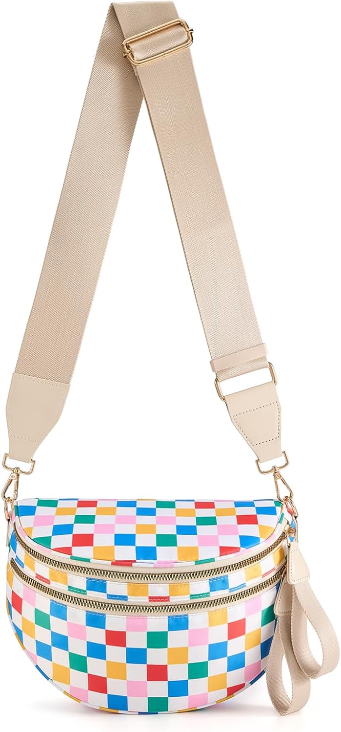 Black and White Checkered Crossbody Bag Bum Bag for Women,Spacious Checkered Purse Fanny Packs Belt Bag