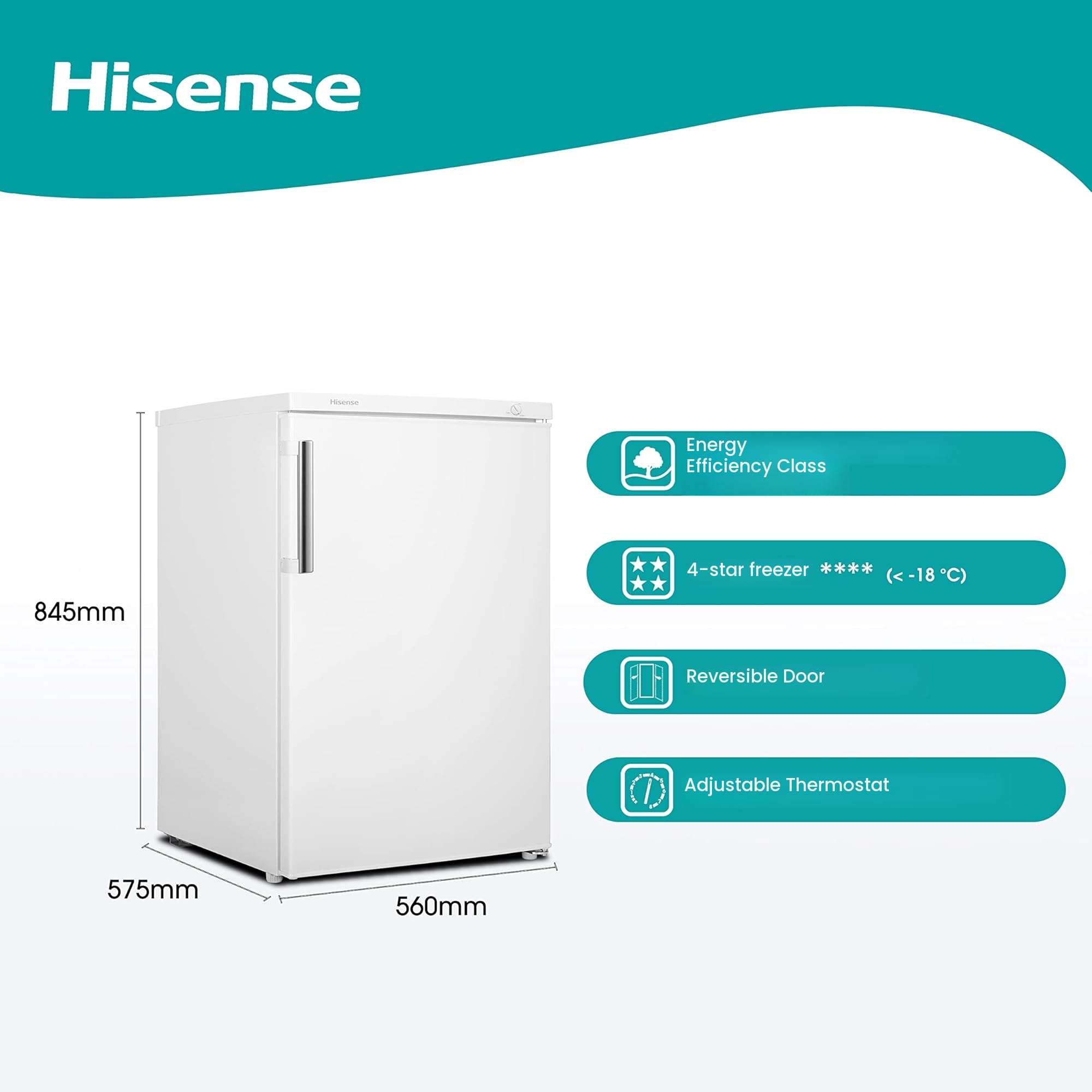 Hisense FV105D4BW21 Congelatore Sottotavolo Monoporta, 3 Cassetti, 82 Litri, 40 Decibel, Bianco, 57.5 x 56 x 84.5