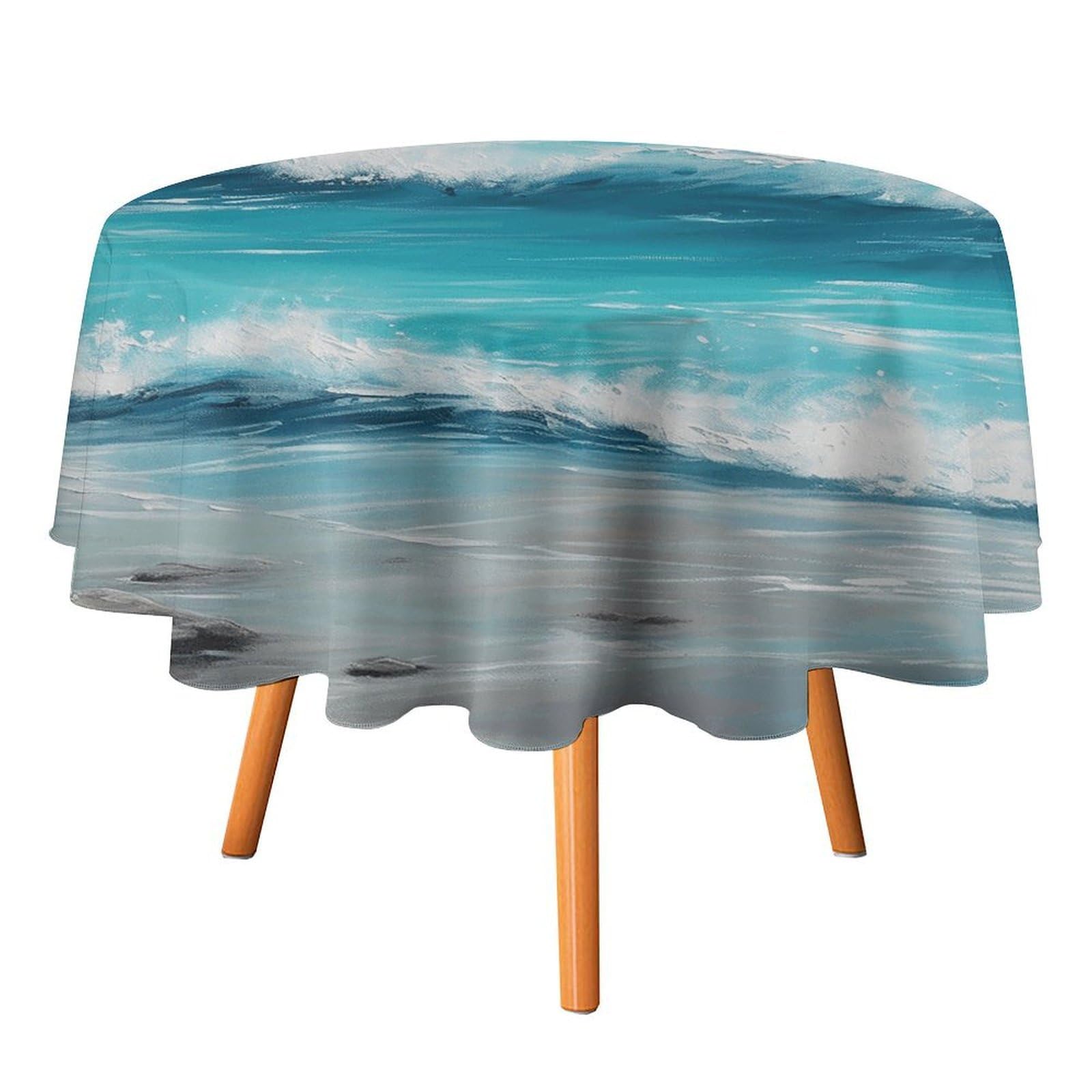 SMAZDFXX Turquoise Beach Original Seascape Tablecloth 60x60in Round Table Cloth Durable Polyester, Washable Stain Resistant Table Cover for Indoor Outdoor (Picnic, Dining, Party)