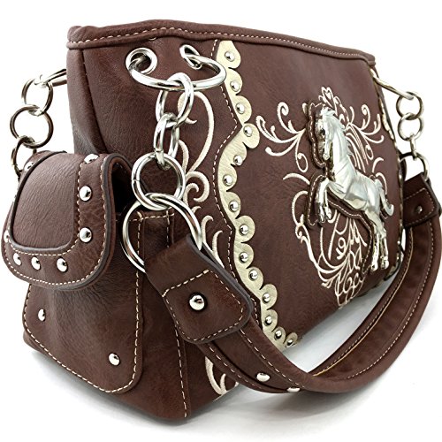 Justin West Horse Embroidery Studded Concealed Carry Handbag Purse Matching Wallet (Brown Handbag and wallet)3