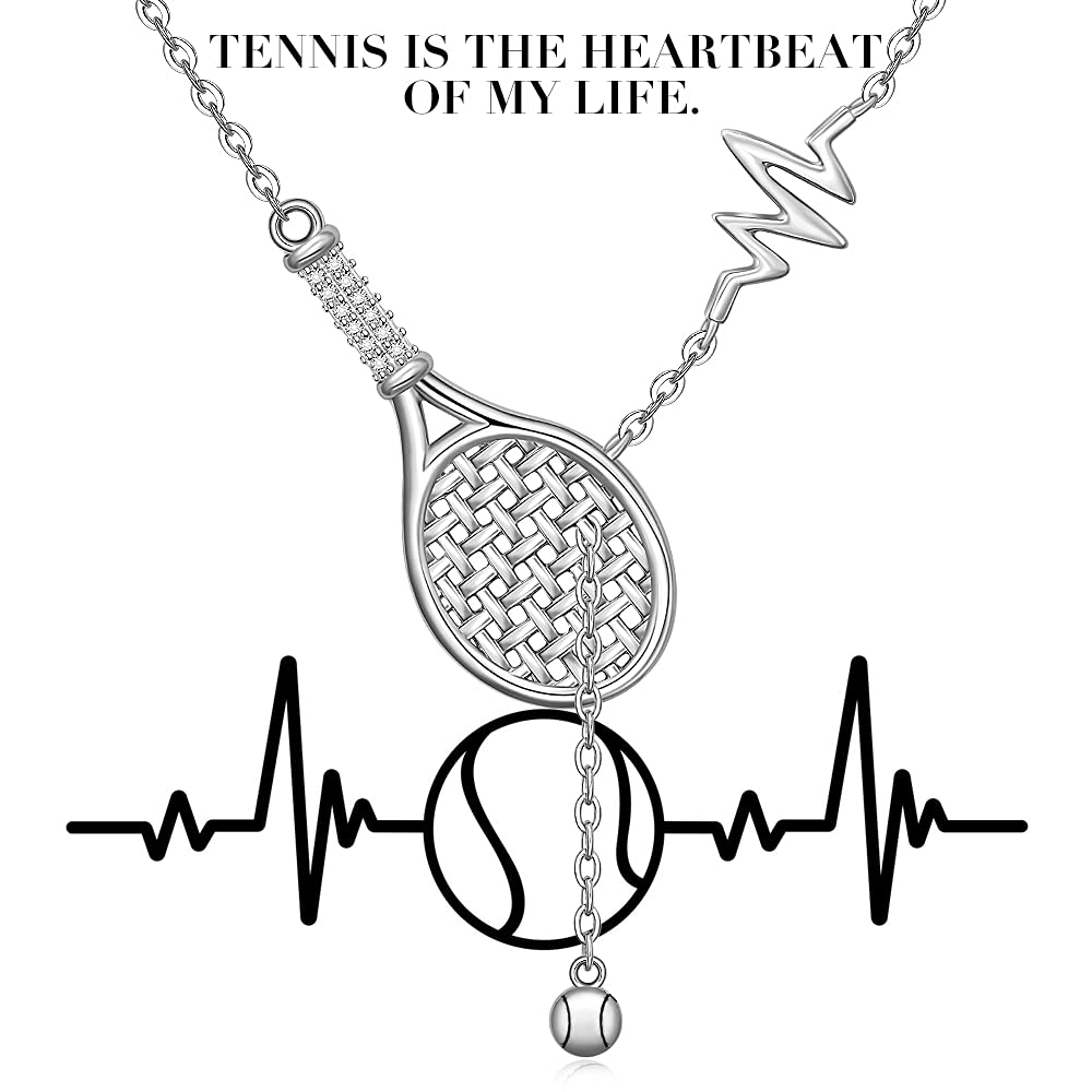 Collar de plata de ley con cadena de tenis, raqueta de tenis y bola colgante de latido del corazón de la joyería deportiva de tenis regalos para las niñas amantes
