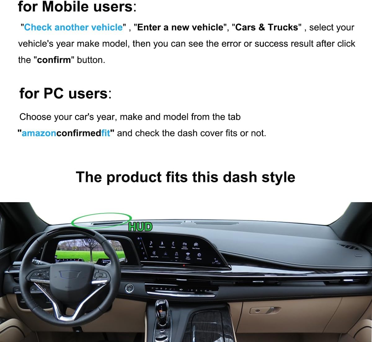 Dash Cover Mat Custom Fit for Cadillac Escalade/Escalade ESV with Head Up Display, Dashboard Pad Cap Carpet Protector K378 (Black)