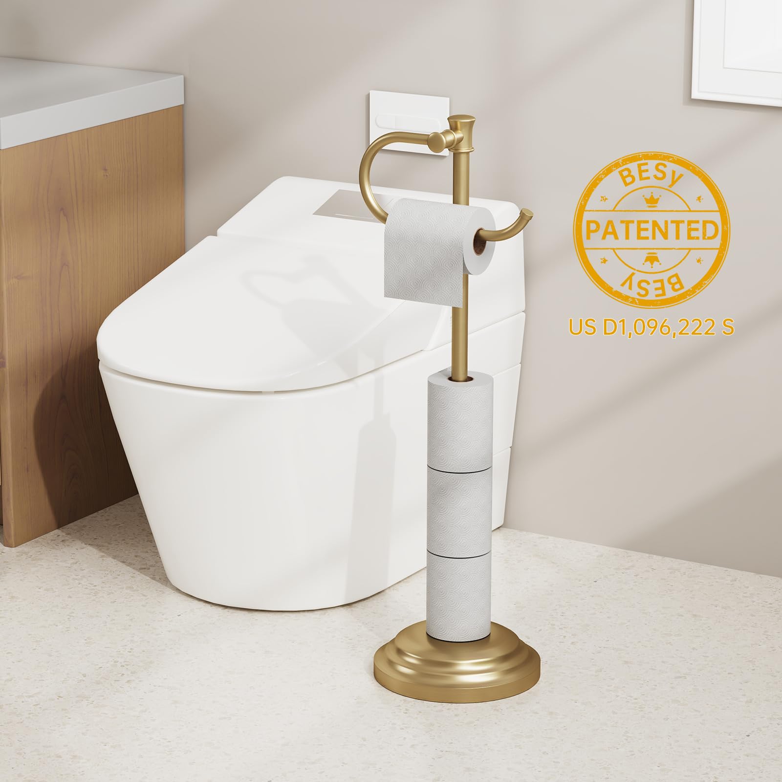 BESy Toilet Paper Holder Floor Stand, Bathroom Freestanding Gold — Amazon image 2