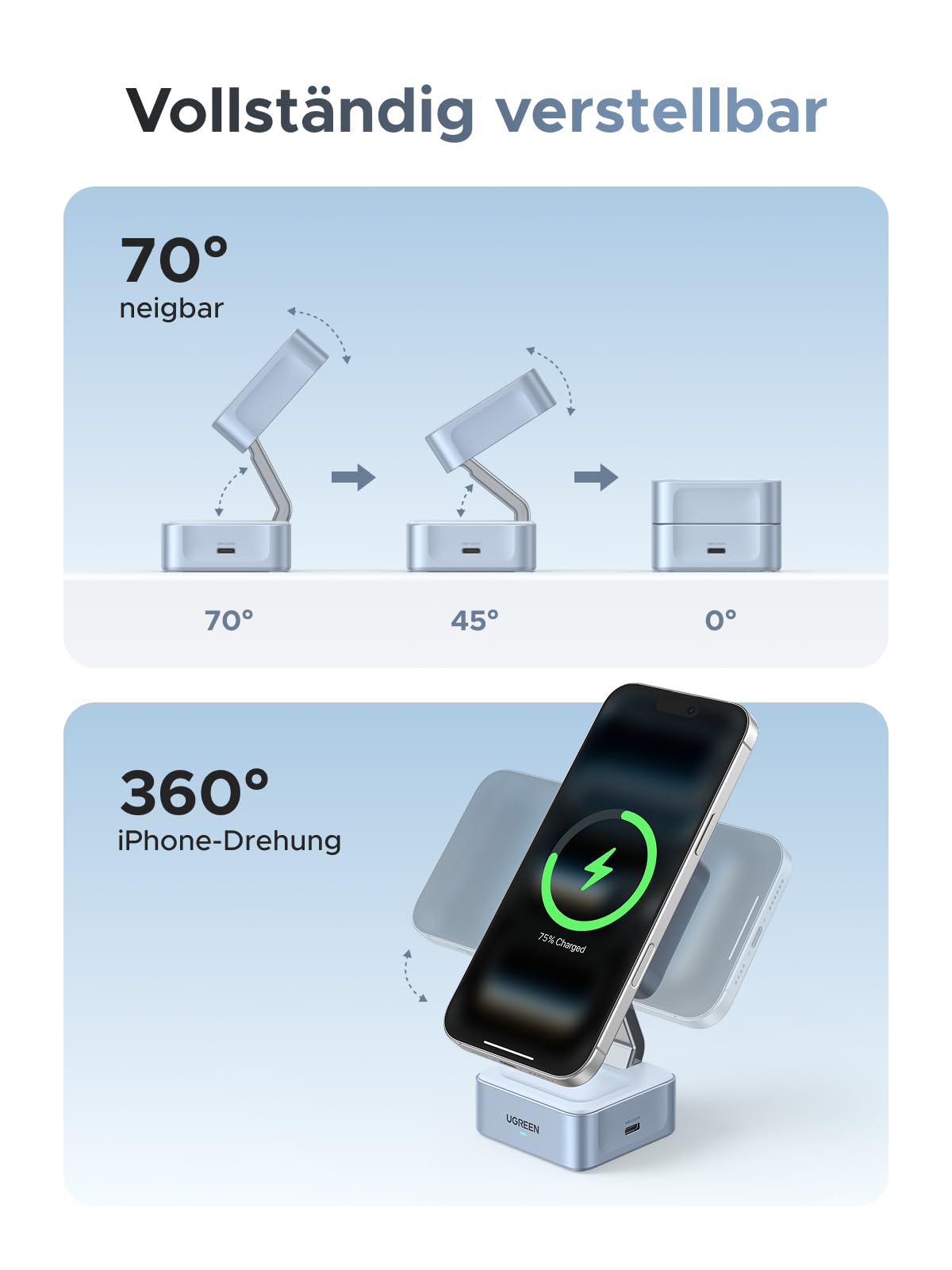 UGREEN MagFlow Qi2 25W 2 in 1 iPhone Faltbare Ladestation mit Magsafe | 70° neigbar und reisefreundlich, kabelloses Ladegerät, Qi2 zertifziert, kompatibel mit iPhone 17/16, Airpods, mit 1m Kabel