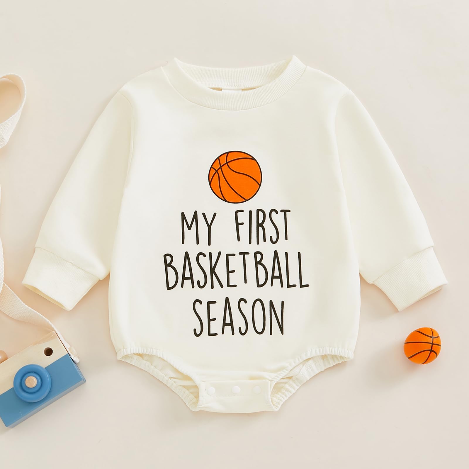 Ysfanwuxi Newborn Baby Boy Girl Romper My First Basketball Season Onesie Sweatshirt Bodysuit Cute Infant Fall Winter Outfit (Beige, 0-3 Months)