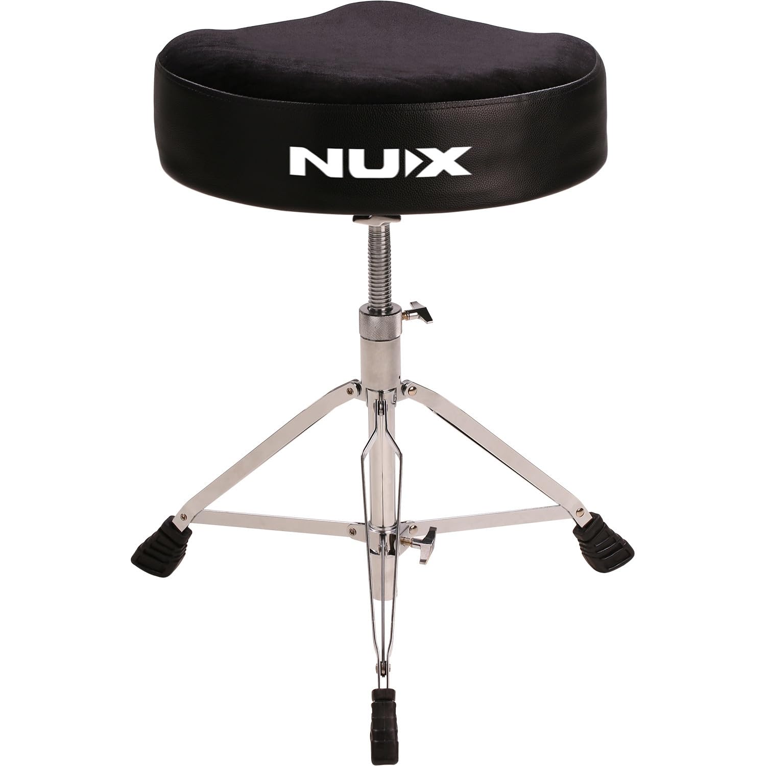 NUX | Trono de Tambor Estilo sillín | Asiento ampliado de Altura Ajustable 490-600 mm | Cojín denso Suave | Base de trípode Plegable de Doble Refuerzo | Taburete de Tambor Resistente, Antideslizante