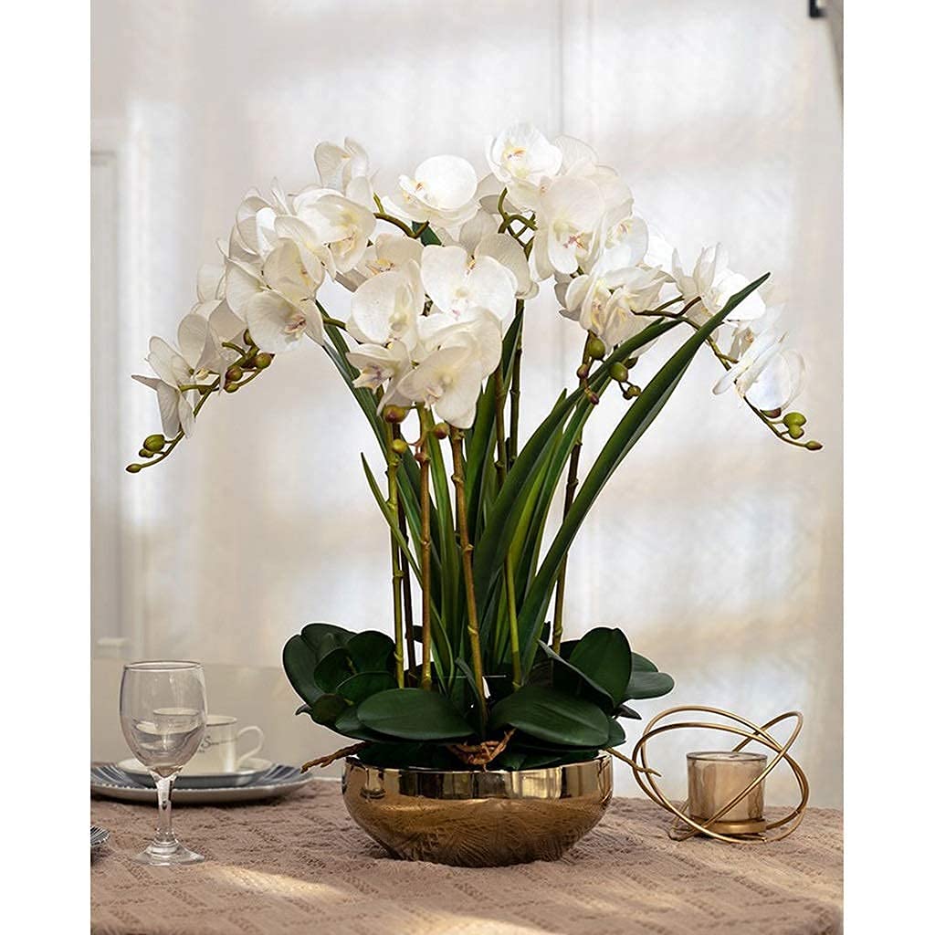 Kunstblumen-Set, künstliche Orchideen (Phalaenopsis 8) mit Goldener Vase, Dekoration für Hochzeitszimmer, Schlafzimmer und mehr.