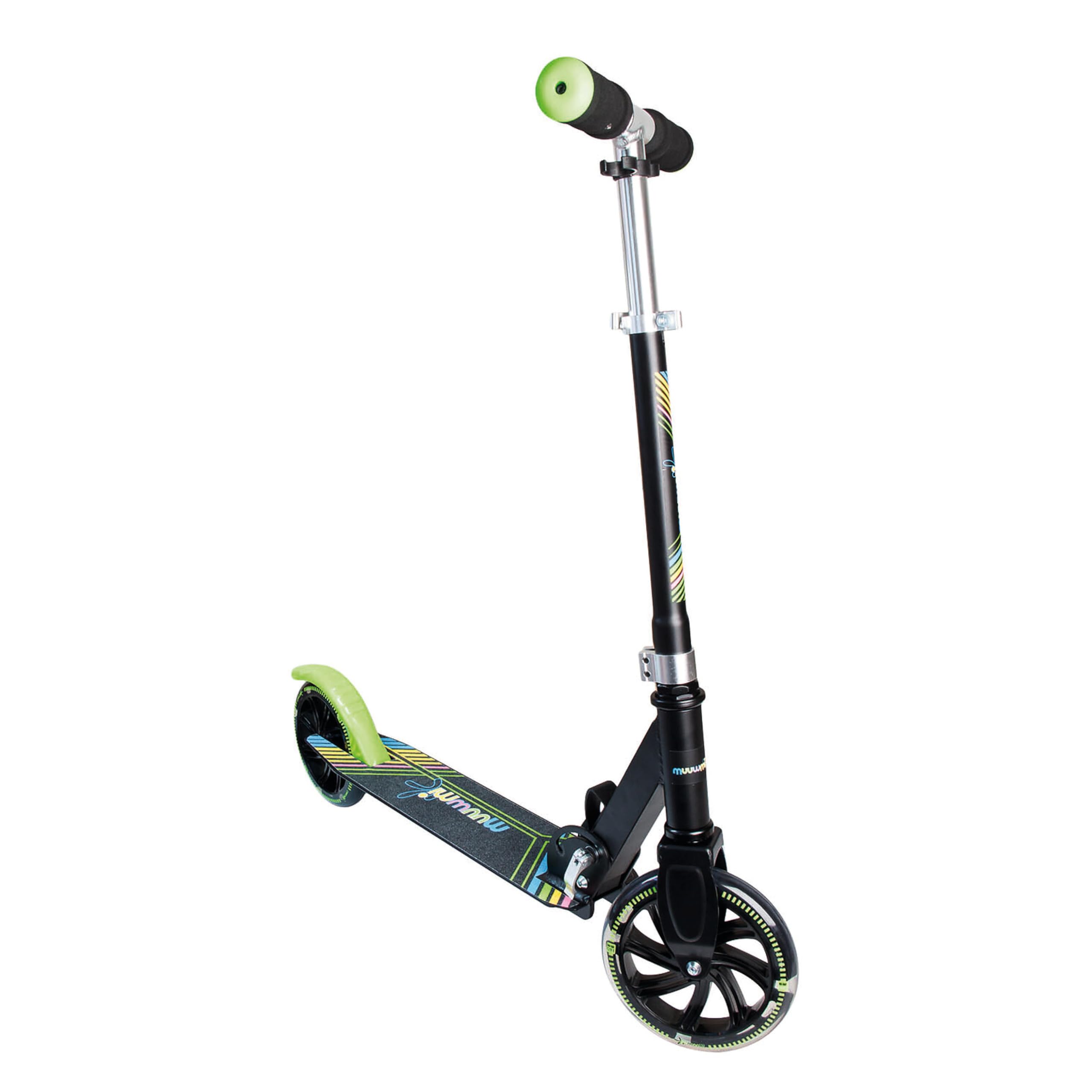 Muuwmi Lights Aluminium Scooter - Höhenverstellbarer Lenker - Geeignet für Kinder - GS-Zertifiziert - Bis zu 100 kg - mit Leuchtrollen - Tretroller in grün-schwarz