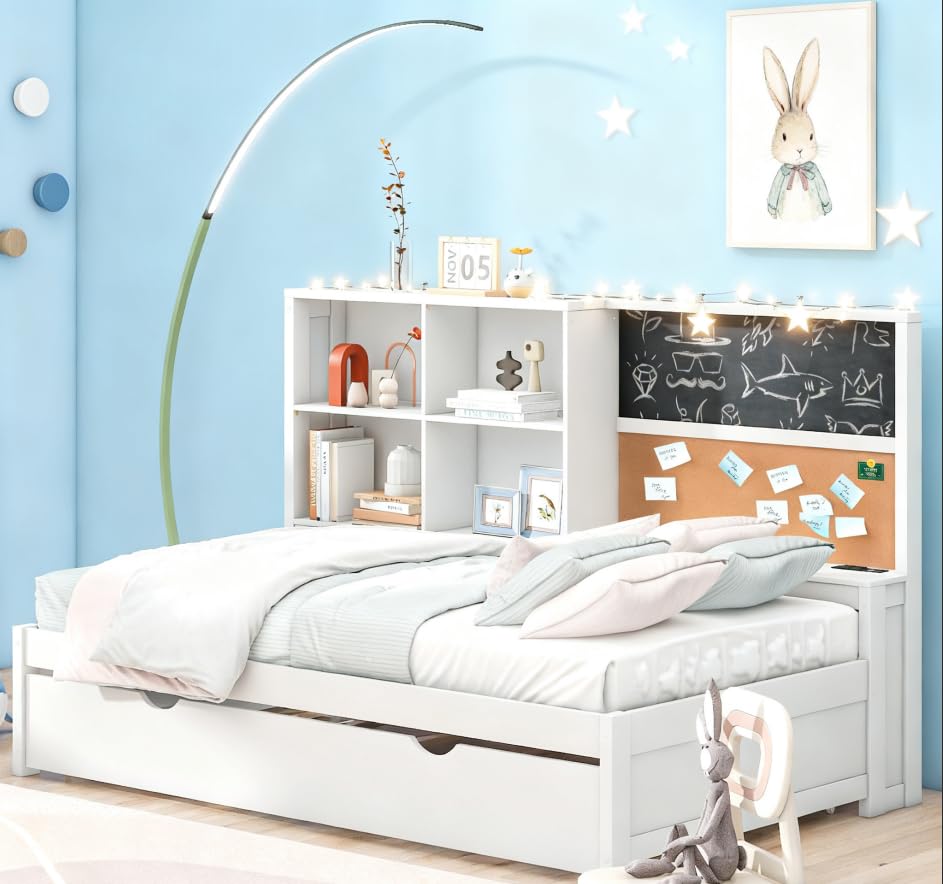 Bellemave Twin Size Kids Bed with Trundle, Wood Twin Daybed with Storage Shelves Cork Board, USB Ports, Adults, White