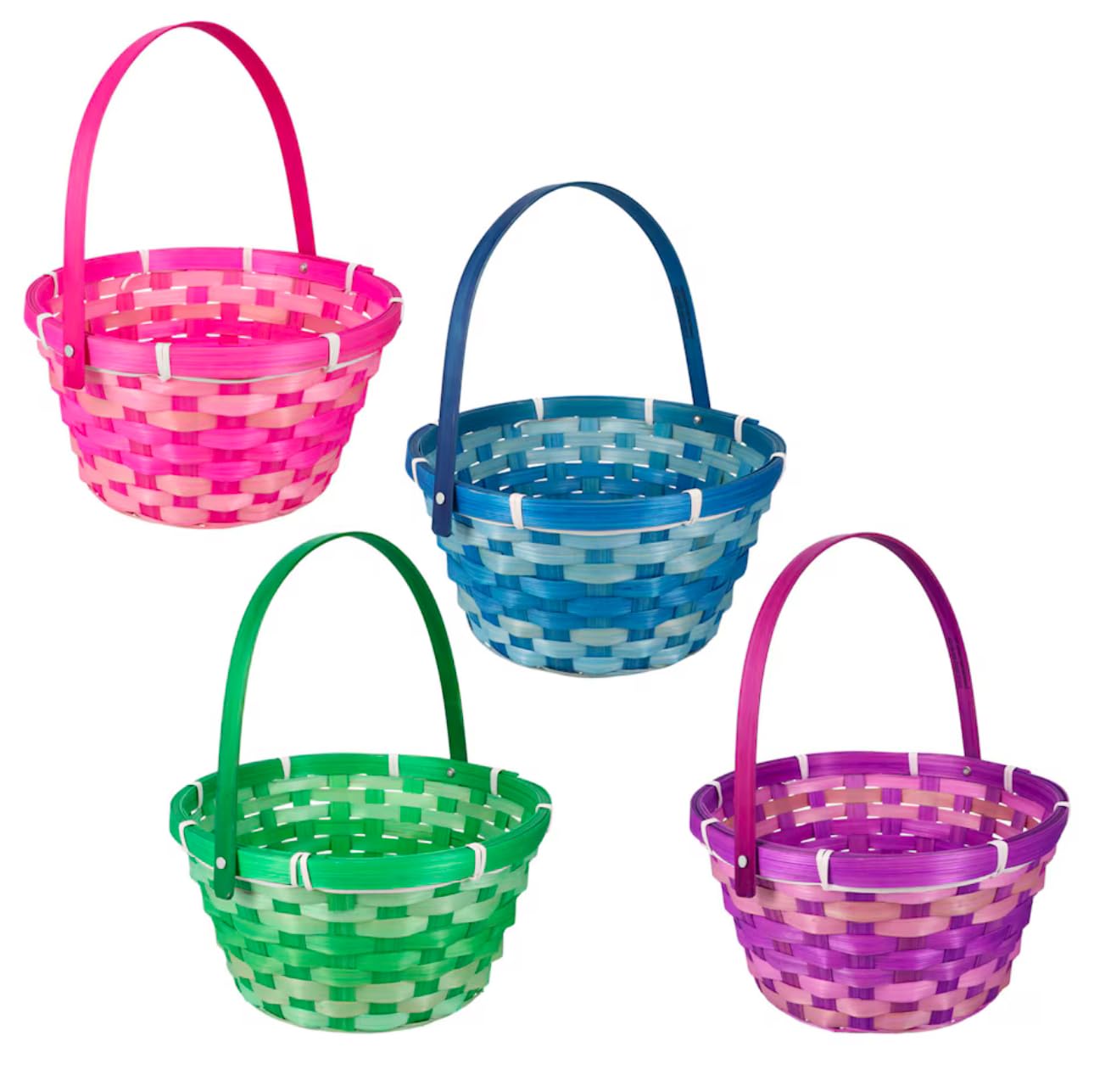 (4) Round Woven Bamboo Easter Basket Bulk Handle Gift Decor Purple Blue Green Pink 10.2 x 8.9 x 8.9 Inches Festive Celebration