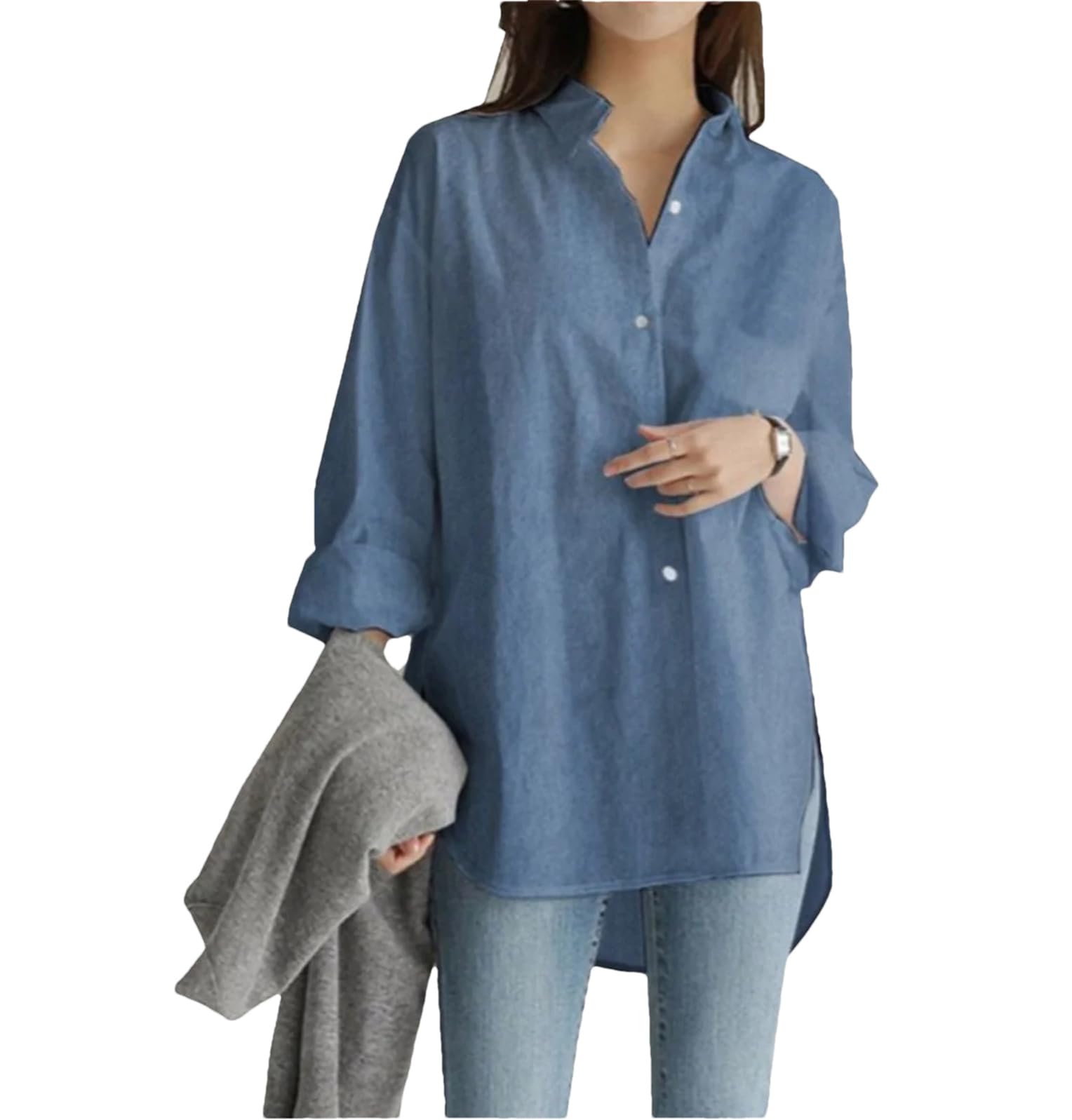 Élégante chemise ample décontractée en coton à boutons à manches longues irrégulière vintage chemisier de bureau
