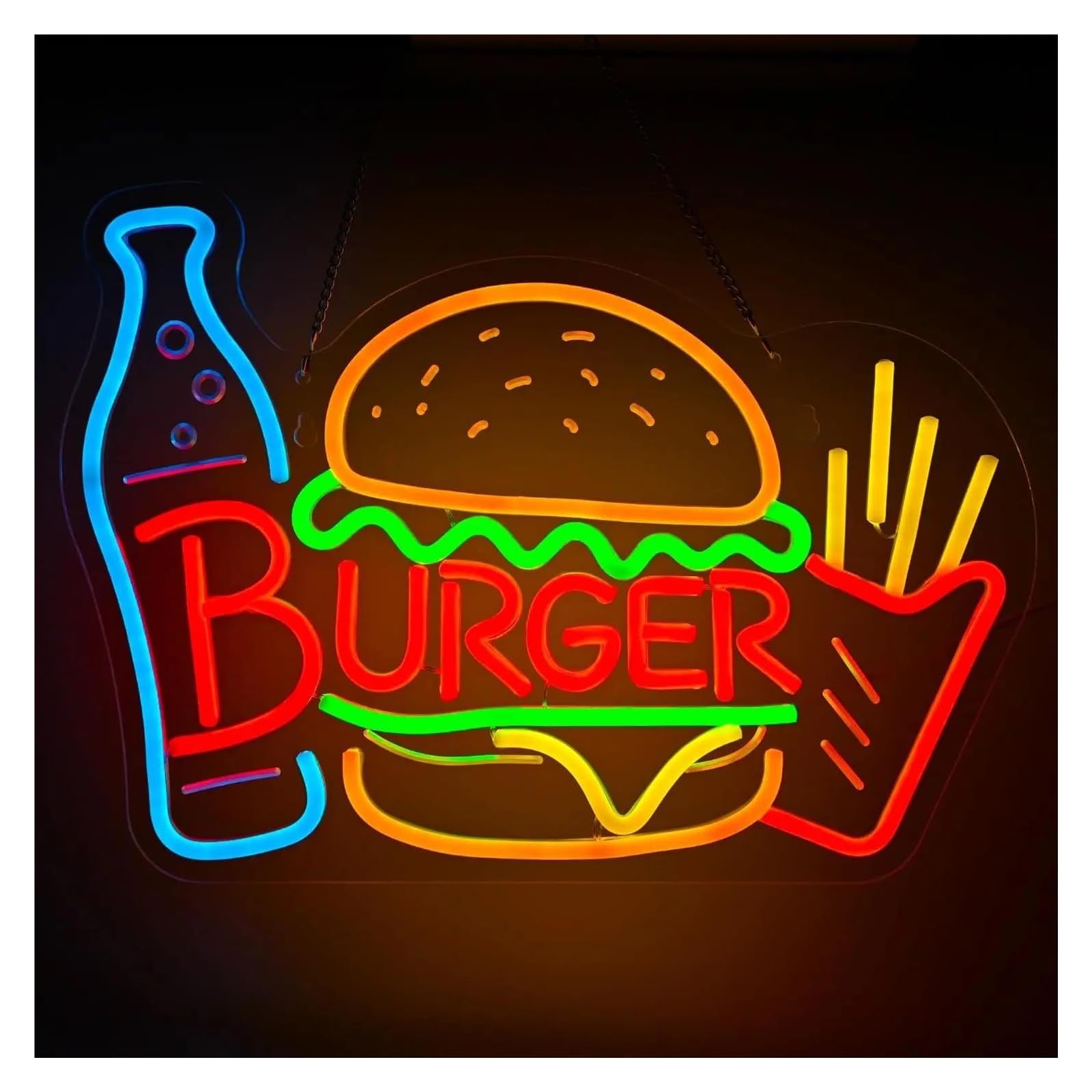 RONGCH Hanging Art Neon Signs Burger Neon Sign Hamburger Fries LED Light Dimmable for Restaurant Snack Bar Party Burgers Fast Food Business Decor 28cmx38.8cm