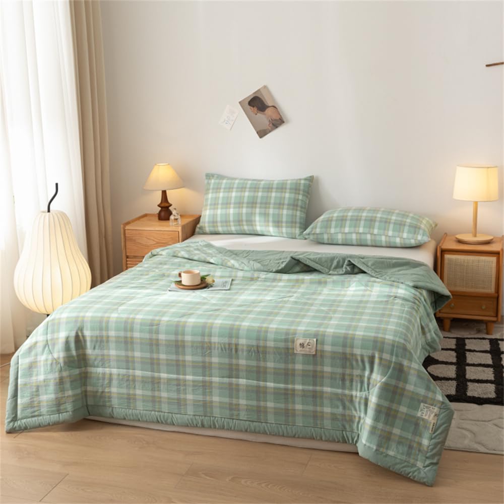 Surwin Vintage Plaid Quilted Bedspread Reversible Soft Microfiber Washable Coverlets for Single Double King Size Bed Sofa Throws Blanket Patchwork Summer Cooling Quilt (Green,200x230cm)