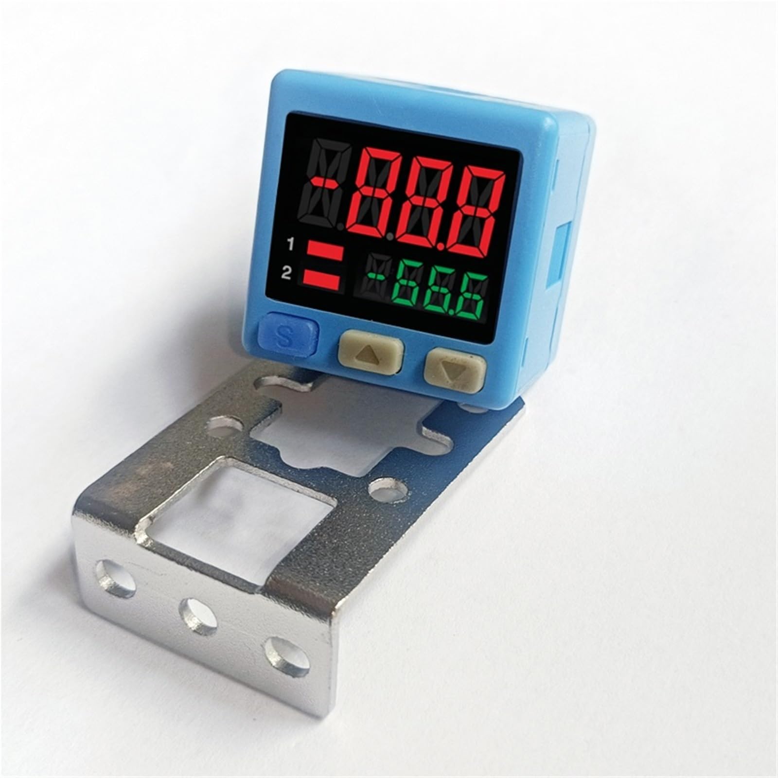 Sensor de presión de aire Rosca M5, salidas NPN*2 1~5VDC, pantalla digital -100~100Kpa, cable 2M incluido y soporte en forma de L.