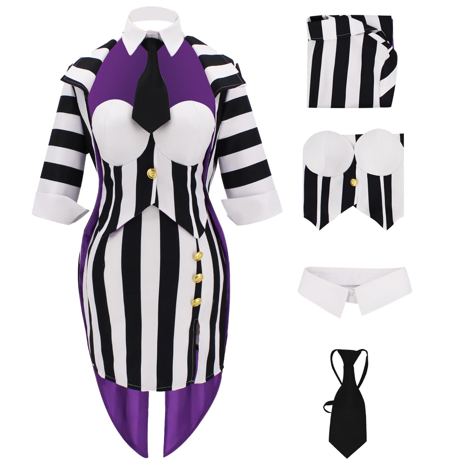 AYYOHON Women Beetle Juice Cosplay Costume Black White Vertical Striped Corset Skirt Jacket Set with Tie Halloween Outfits 2XL