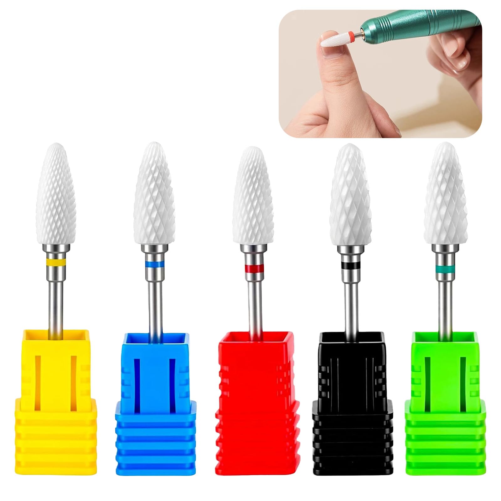 Juego de brocas de cerámica para uñas de 3/32'', Juego Profesional para Manicura y Pedicura, Incluye Brocas Extrafina a Extra Gruesa, Ideal para Gel y Acrílico (5 Piezas)