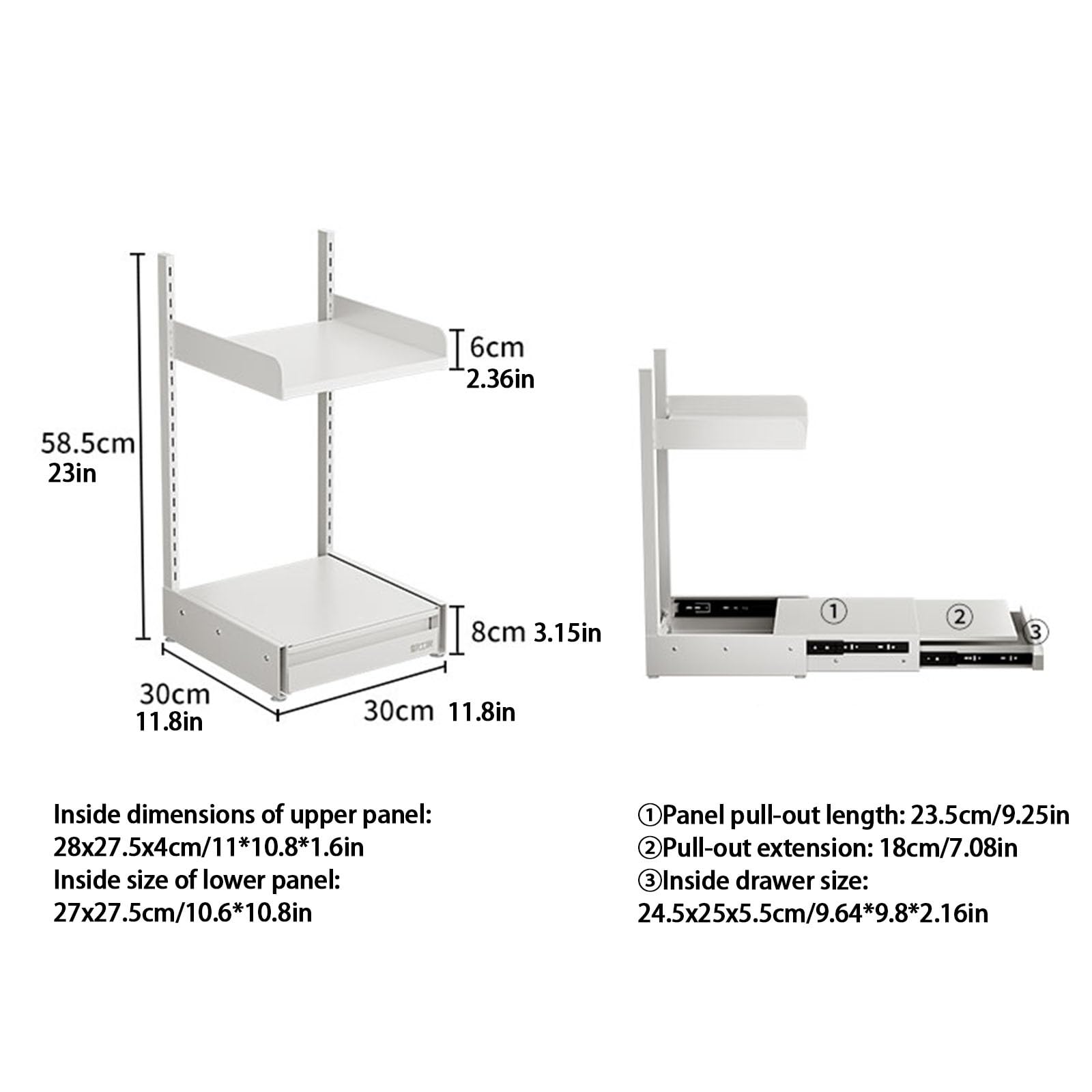 Soporte ajustable de 2 niveles para microondas con cajón para almacenamiento de encimera, estante extraíble para utensilios y vajilla (11.8 x 11.8 x 23 pulgadas)
