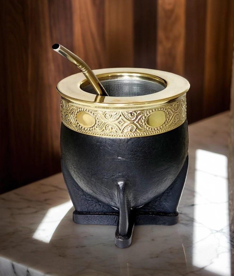 Kubek do yerba mate Imperial Argentino Deluxe, matowy, ze stali nierdzewnej, czarna skóra i niemieckie srebro (alpaka), kubek do maty z dzbańcem ze stali nierdzewnej