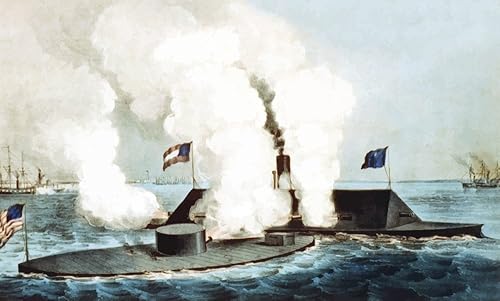 Miniatura 1 de Posterazzi Imagen vectorial de la Guerra Civil restaurada digitalmente que muestra el monitor naval y el Merrimack también conocido como la batalla