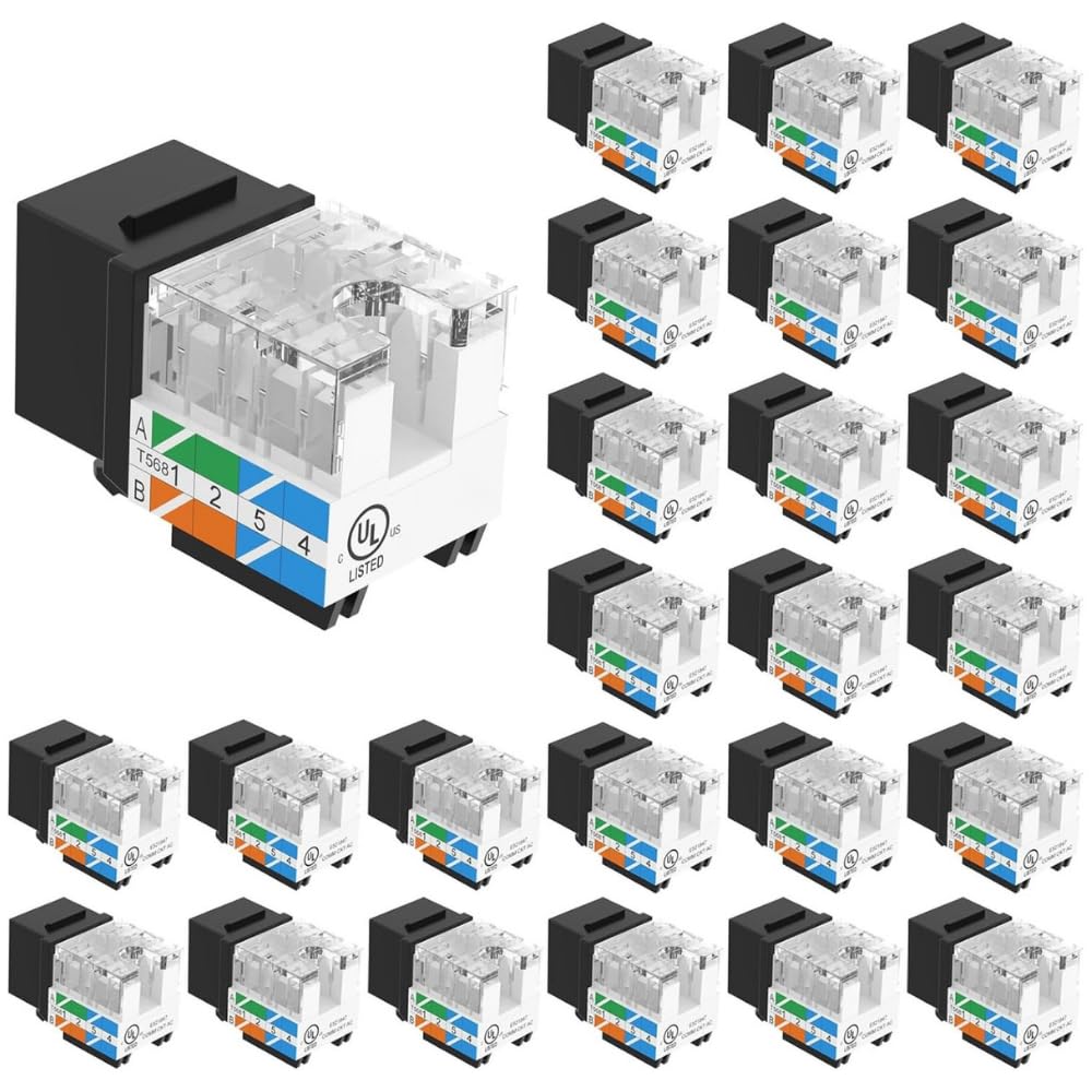 Lot de 25 prises Keystone CAT5e - 8 conducteurs RJ45, câblage T568A/B, 110 IDC avec couvercle anti-poussière - Noir