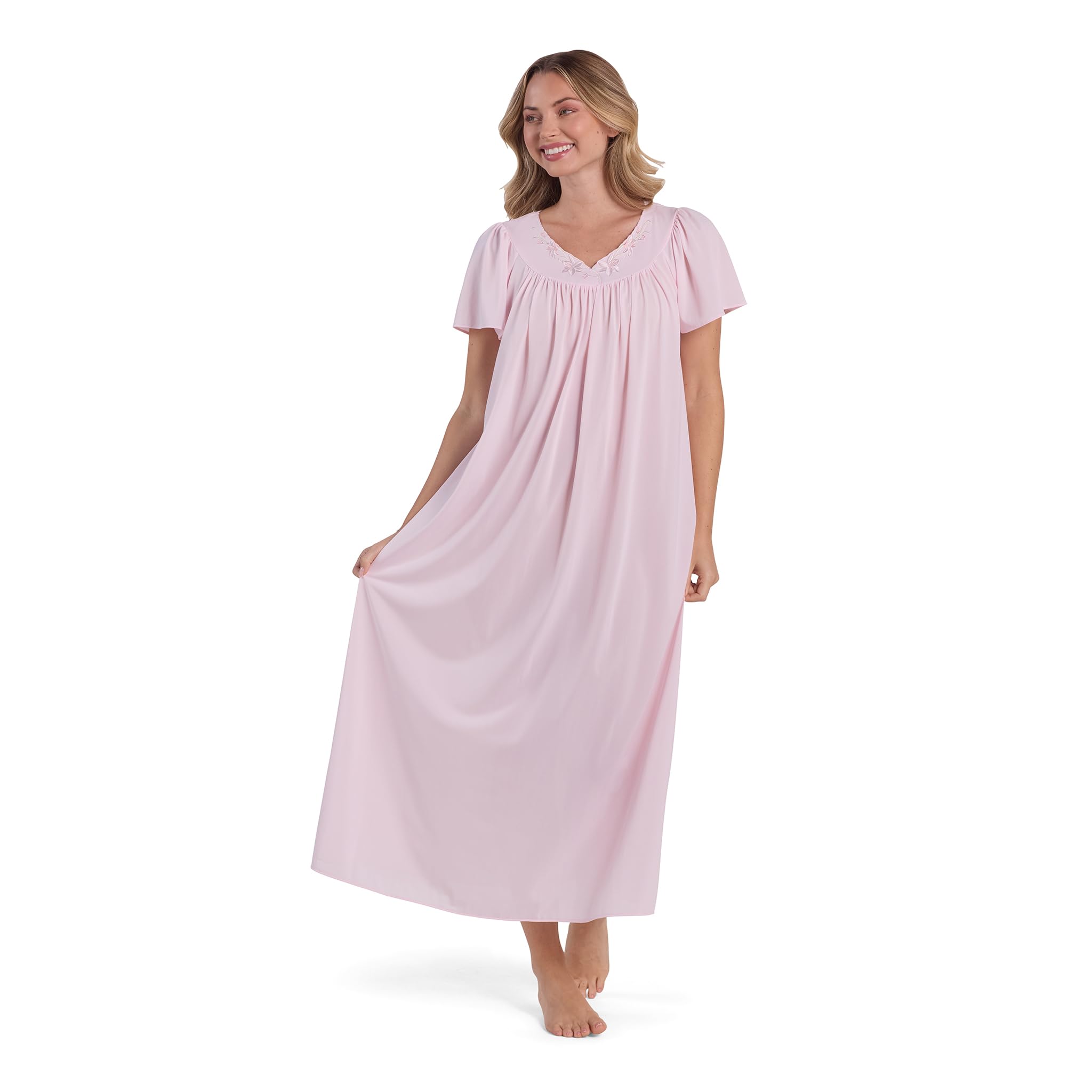 Nightgown - Women's Long Tricot Nightgown, Short Flutter Sleeves, Comfortable Lightweight Fabric, Sleepwear
