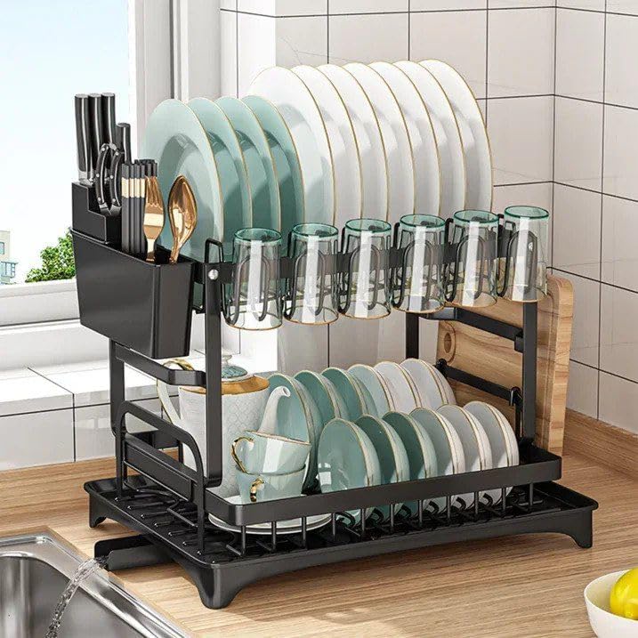 2 Tier Dish Drying Rack for Kitchen Counter, Stainless Steel Dish Drainer with Drainboard, Swivel Spout, Utensil Cup Holder, Large Capacity Organizer for Plates Bowls Cups Cutting Boards-image-7