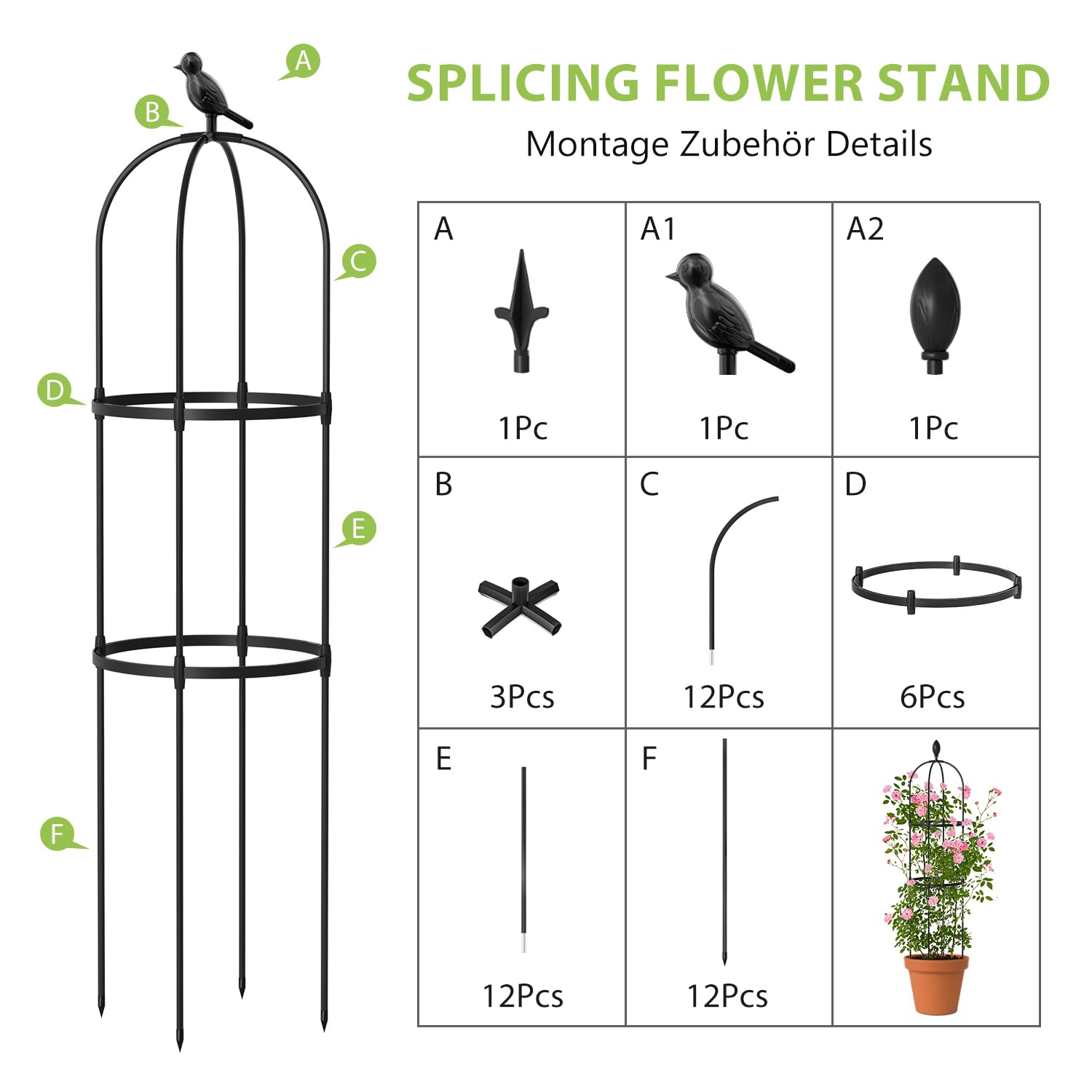 Lot de 3 obélisques de jardin de 120 cm pour plantes grimpantes, treillis de jardin en métal pour lieux publics et cours privées