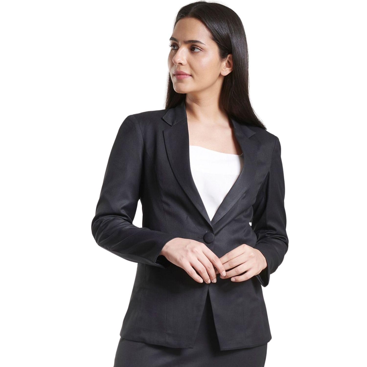 women’s blazer poly cotton single button tailored fit formal workwear jacket black